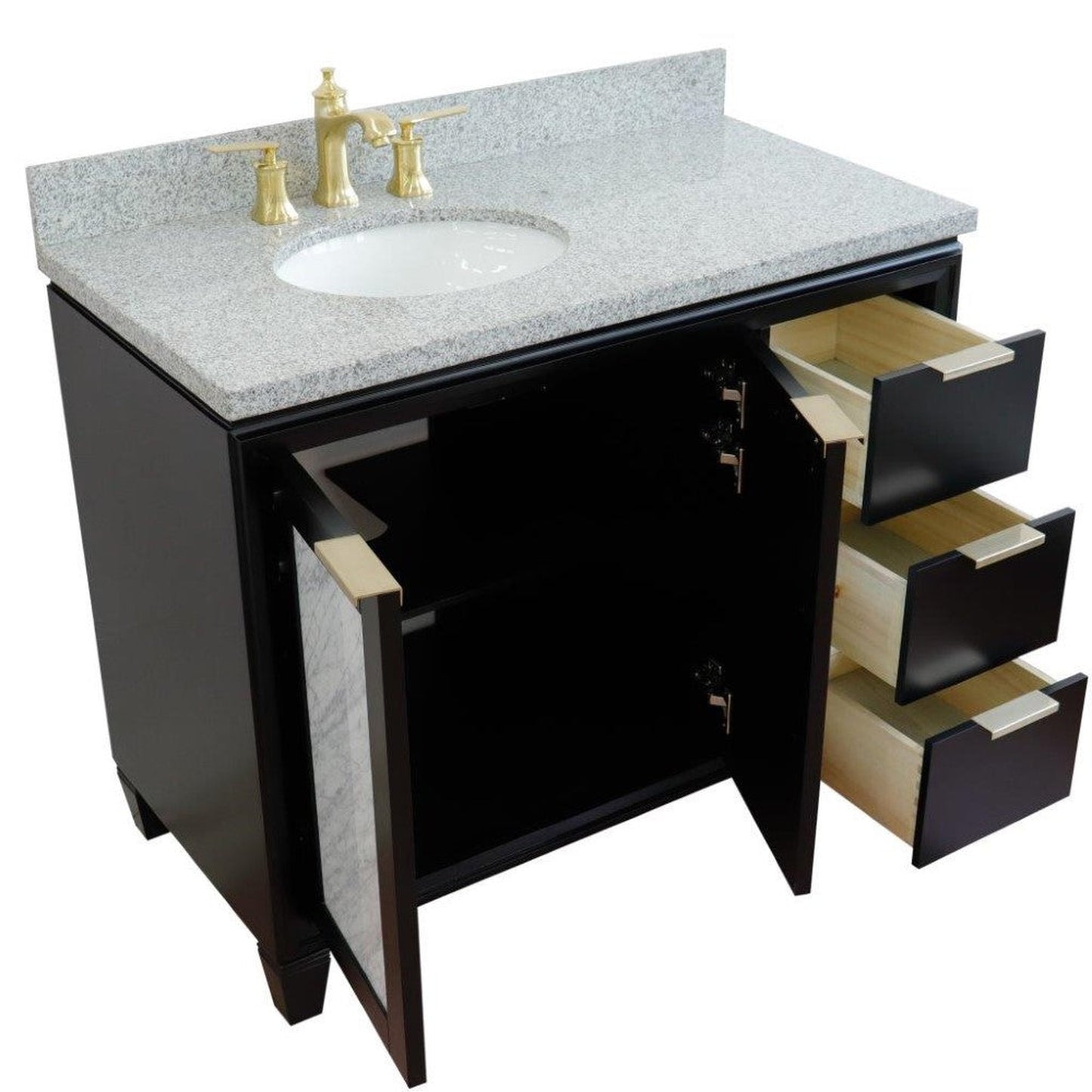 Bellaterra Home Trento 43" 2-Door 3-Drawer Black Freestanding Vanity Set With Ceramic Left Undermount Oval Sink and Gray Granite Top, and Left Door Cabinet