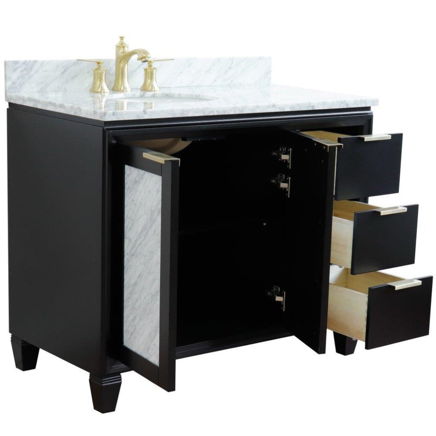 Bellaterra Home Trento 43" 2-Door 3-Drawer Black Freestanding Vanity Set With Ceramic Left Undermount Oval Sink and White Carrara Marble Top, and Left Door Cabinet