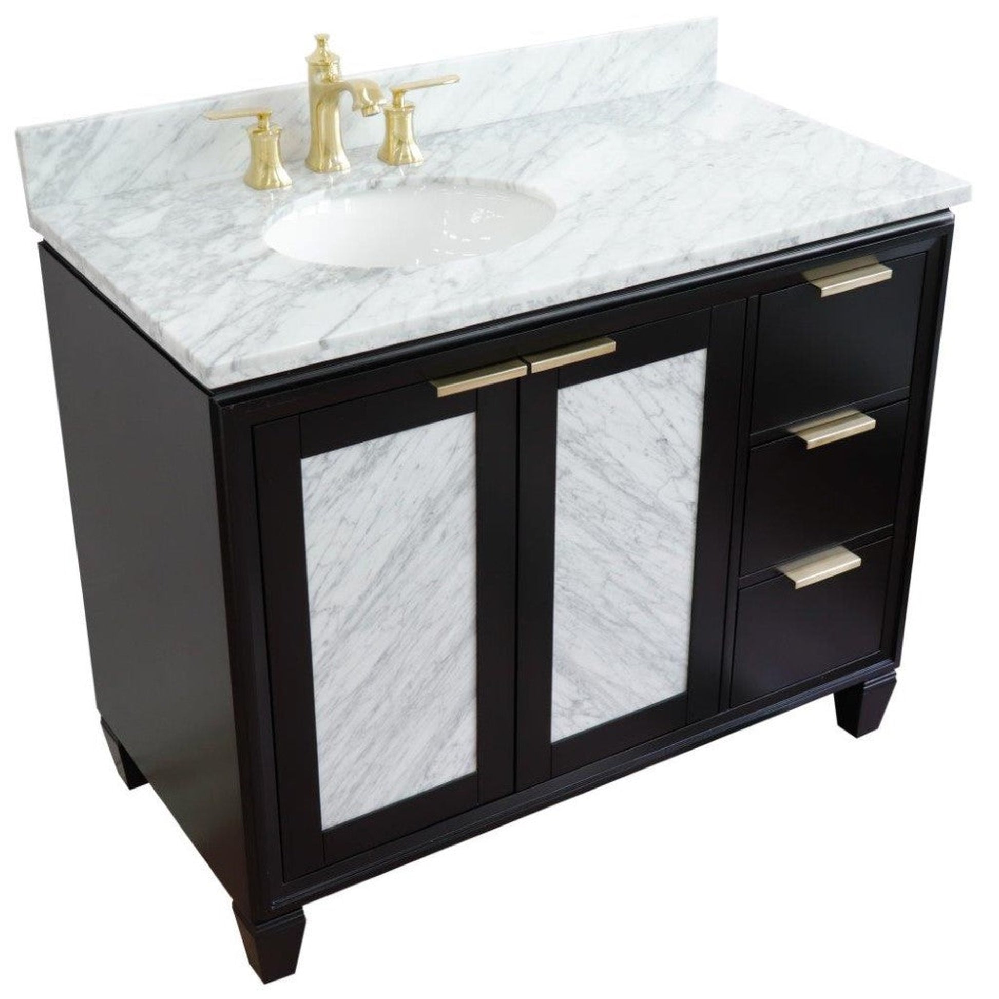 Bellaterra Home Trento 43" 2-Door 3-Drawer Black Freestanding Vanity Set With Ceramic Left Undermount Oval Sink and White Carrara Marble Top, and Left Door Cabinet