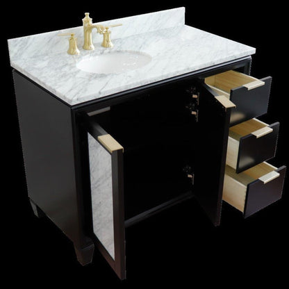 Bellaterra Home Trento 43" 2-Door 3-Drawer Black Freestanding Vanity Set With Ceramic Left Undermount Oval Sink and White Carrara Marble Top, and Left Door Cabinet