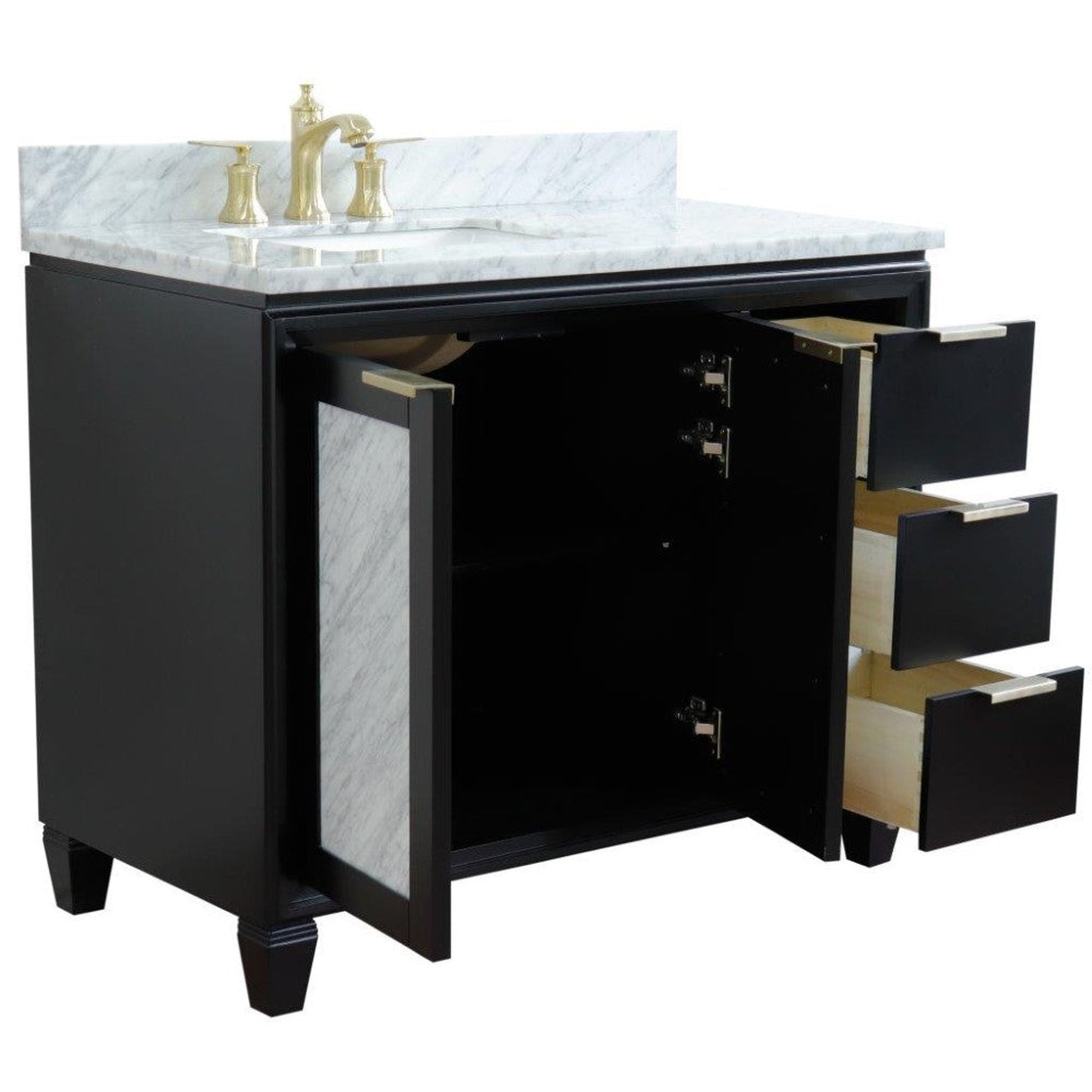 Bellaterra Home Trento 43" 2-Door 3-Drawer Black Freestanding Vanity Set With Ceramic Left Undermount Rectangular Sink and White Carrara Marble Top, and Left Door Cabinet