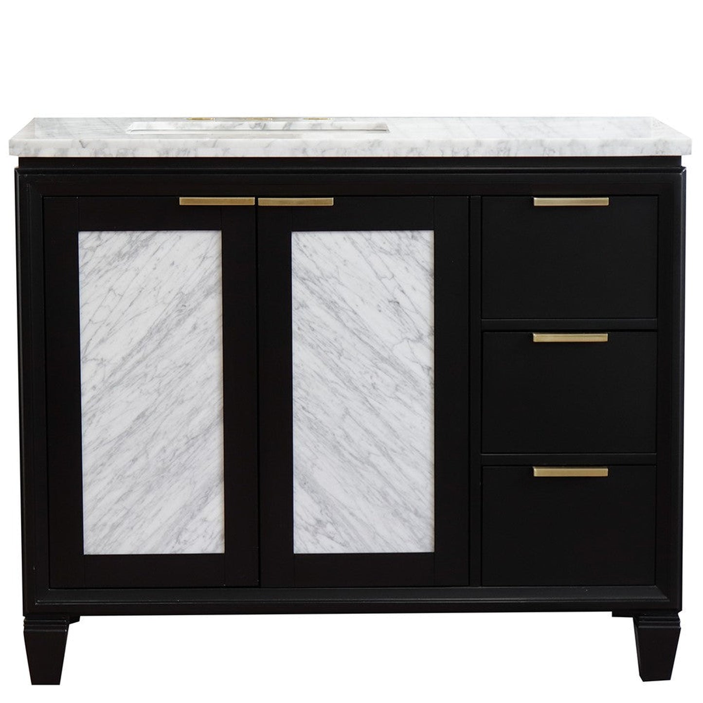 Bellaterra Home Trento 43" 2-Door 3-Drawer Black Freestanding Vanity Set With Ceramic Left Undermount Rectangular Sink and White Carrara Marble Top, and Left Door Cabinet