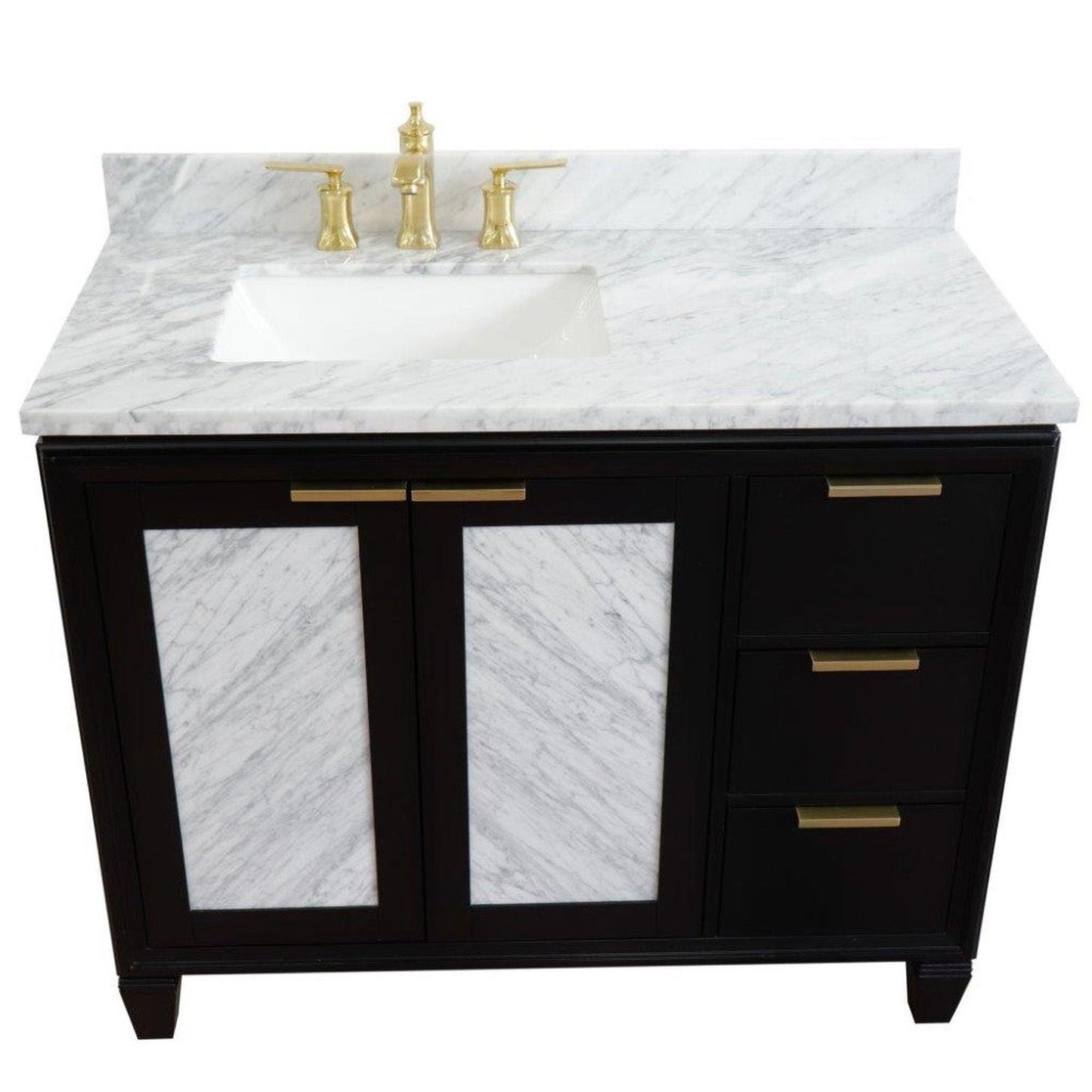 Bellaterra Home Trento 43" 2-Door 3-Drawer Black Freestanding Vanity Set With Ceramic Left Undermount Rectangular Sink and White Carrara Marble Top, and Left Door Cabinet