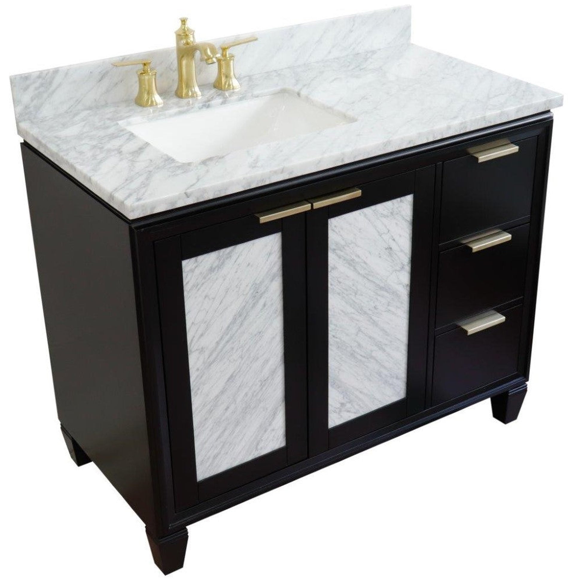 Bellaterra Home Trento 43" 2-Door 3-Drawer Black Freestanding Vanity Set With Ceramic Left Undermount Rectangular Sink and White Carrara Marble Top, and Left Door Cabinet