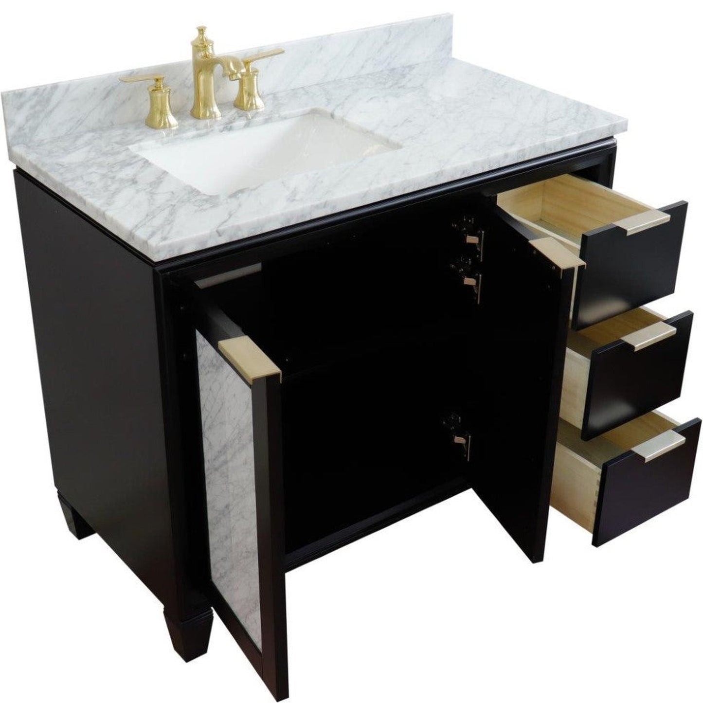 Bellaterra Home Trento 43" 2-Door 3-Drawer Black Freestanding Vanity Set With Ceramic Left Undermount Rectangular Sink and White Carrara Marble Top, and Left Door Cabinet