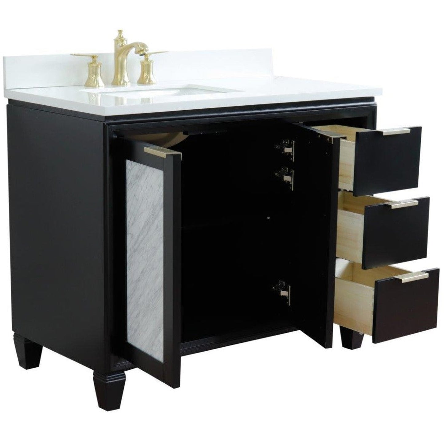 Bellaterra Home Trento 43" 2-Door 3-Drawer Black Freestanding Vanity Set With Ceramic Left Undermount Rectangular Sink and White Quartz Top, and Left Door Cabinet