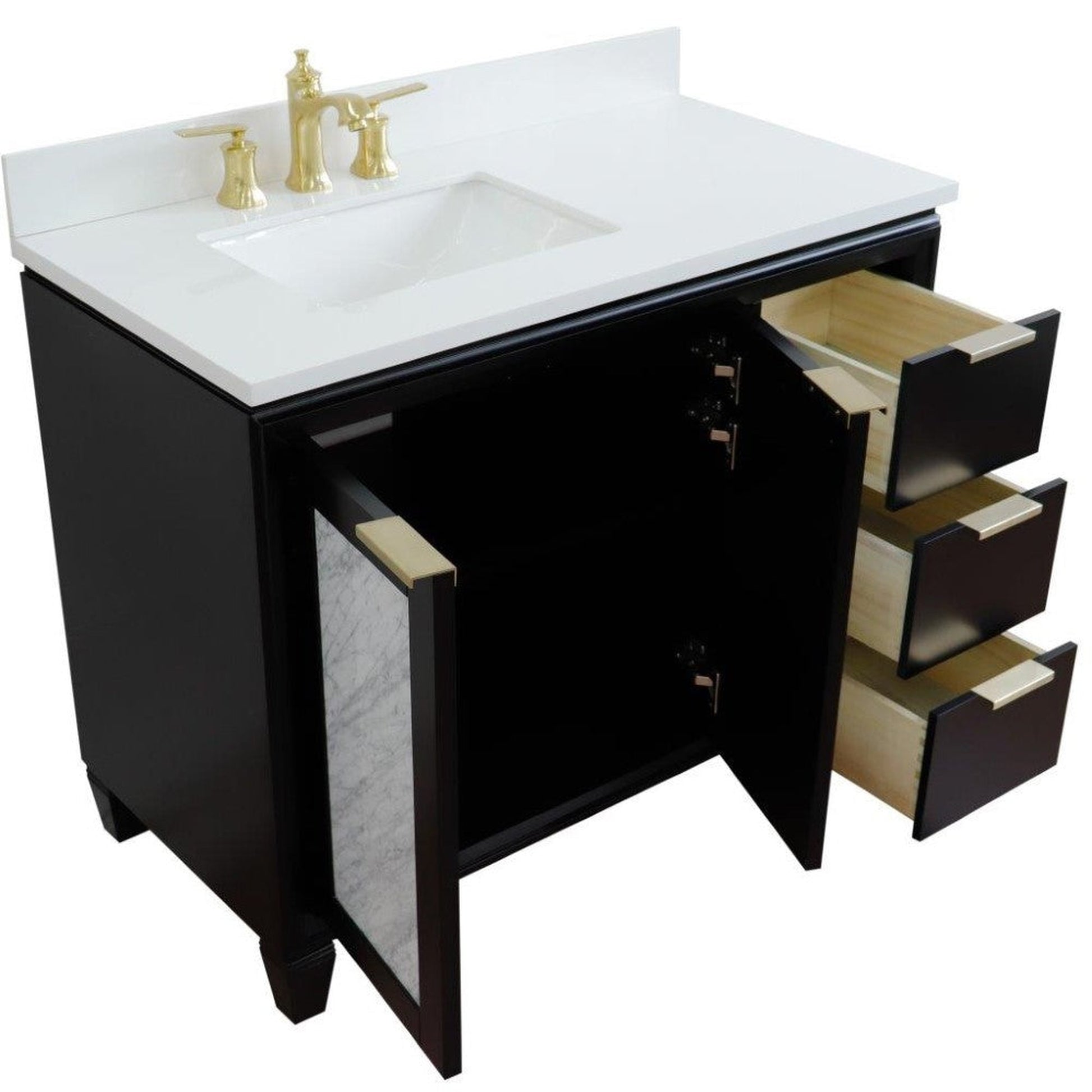 Bellaterra Home Trento 43" 2-Door 3-Drawer Black Freestanding Vanity Set With Ceramic Left Undermount Rectangular Sink and White Quartz Top, and Left Door Cabinet