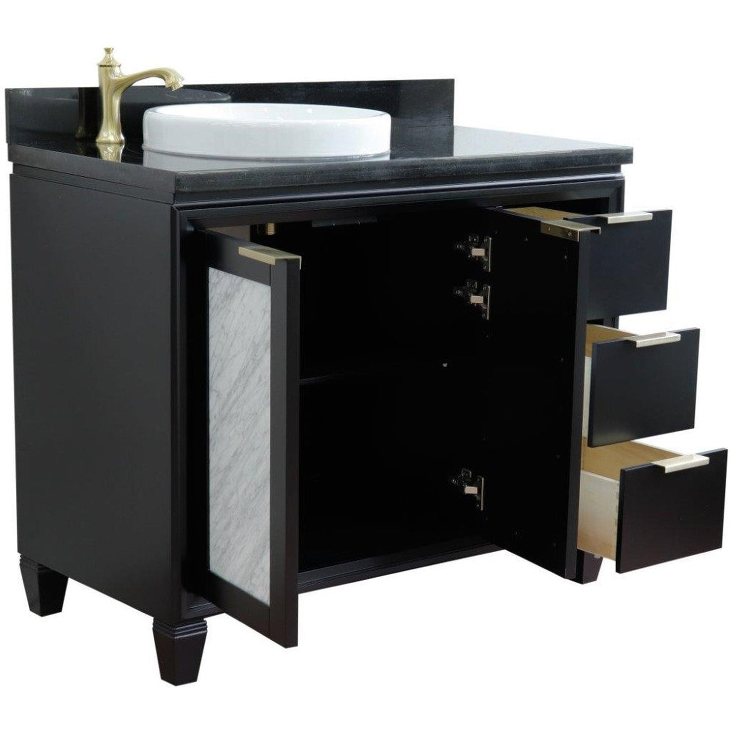 Bellaterra Home Trento 43" 2-Door 3-Drawer Black Freestanding Vanity Set With Ceramic Left Vessel Sink and Black Galaxy Granite Top, and Left Door Cabinet