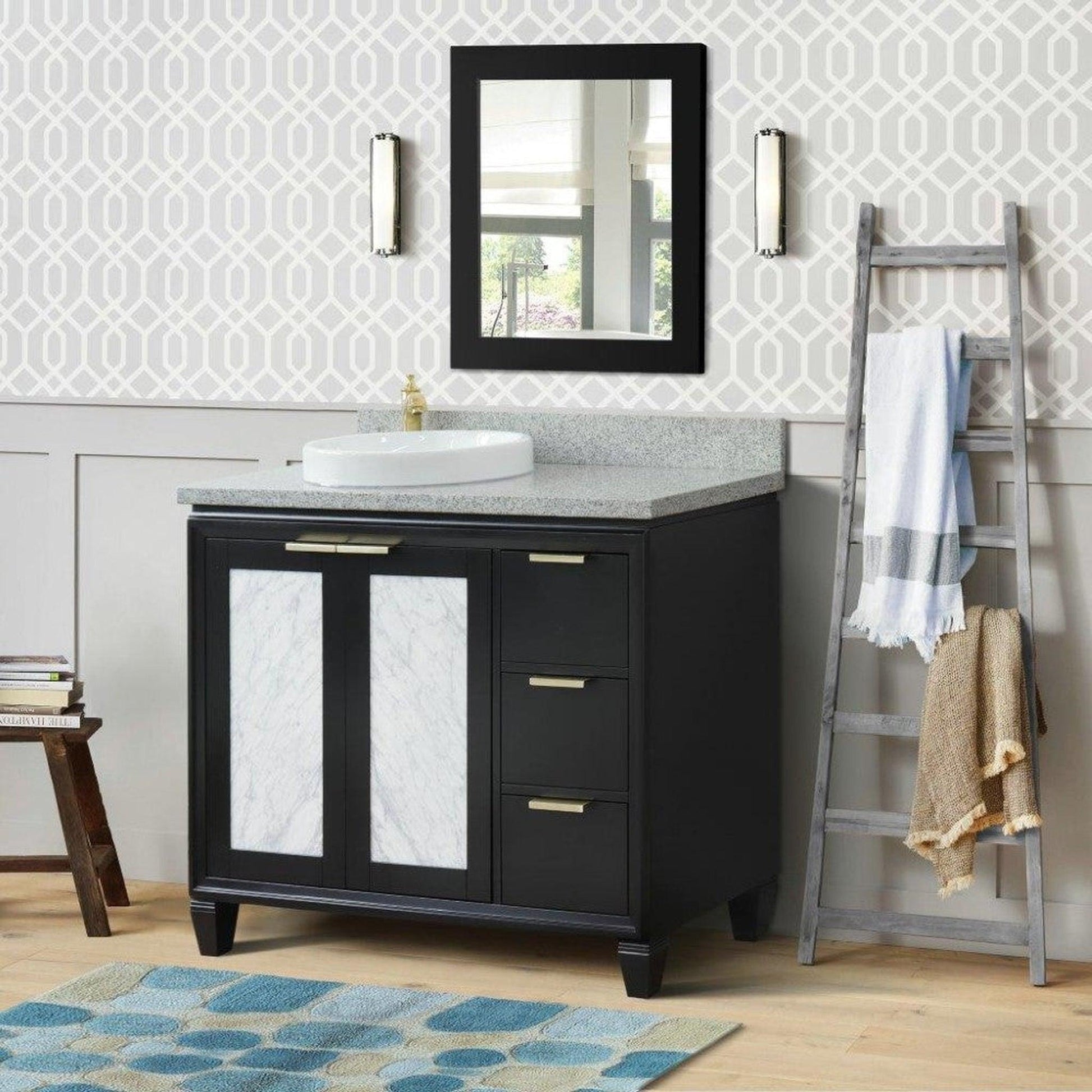 Bellaterra Home Trento 43" 2-Door 3-Drawer Black Freestanding Vanity Set With Ceramic Left Vessel Sink and Gray Granite Top, and Left Door Cabinet