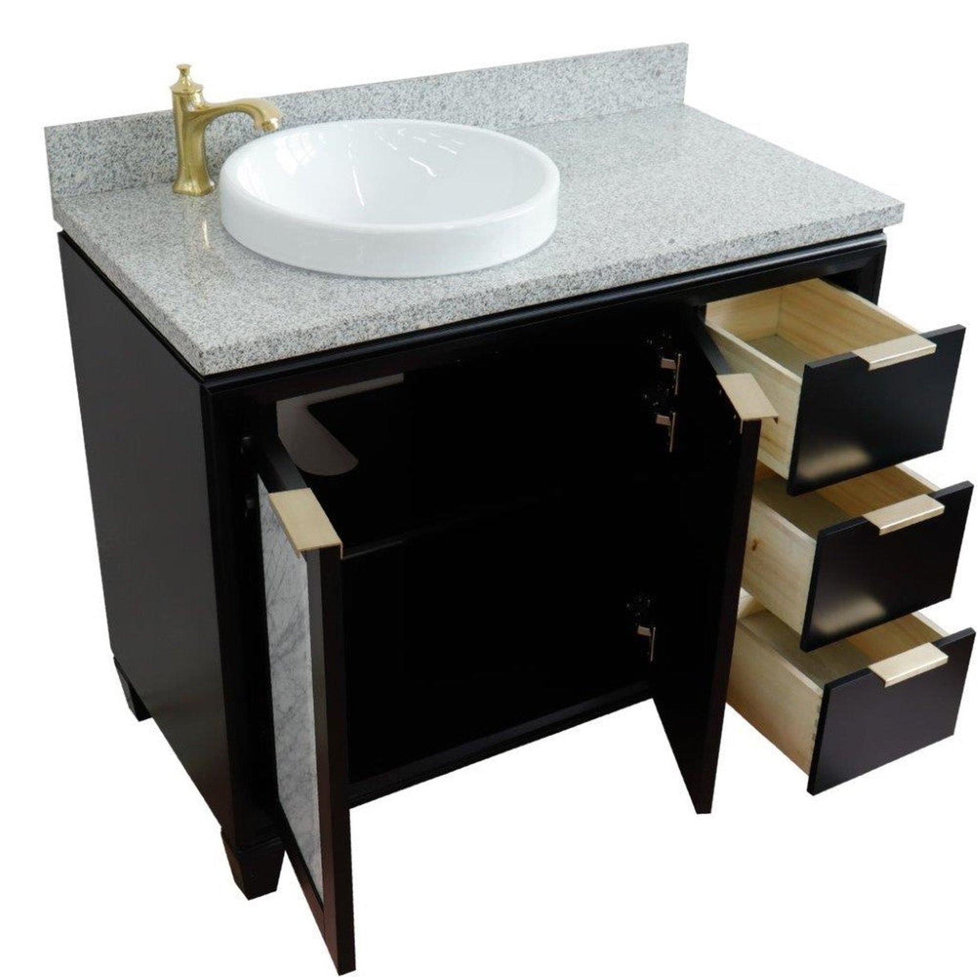 Bellaterra Home Trento 43" 2-Door 3-Drawer Black Freestanding Vanity Set With Ceramic Left Vessel Sink and Gray Granite Top, and Left Door Cabinet