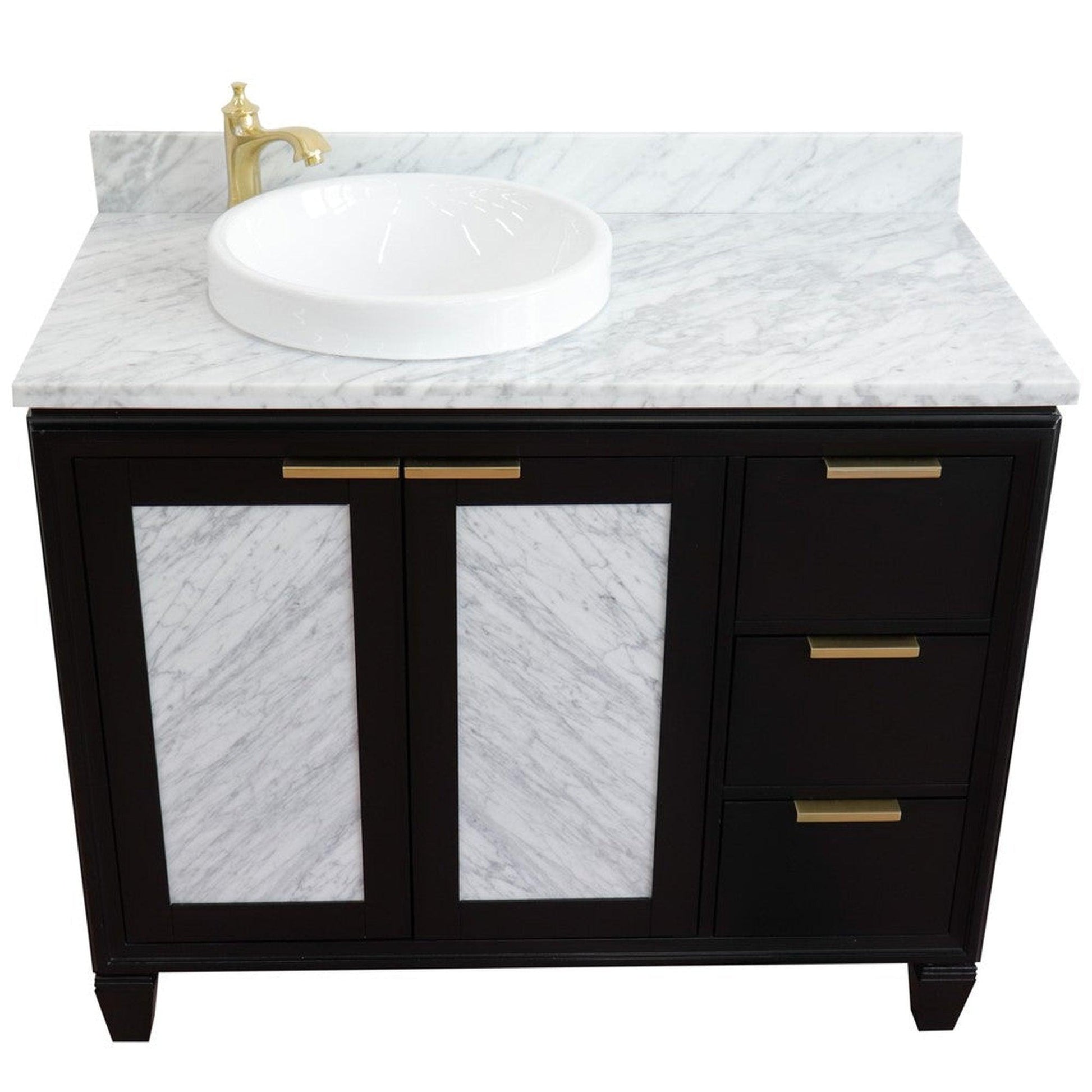 Bellaterra Home Trento 43" 2-Door 3-Drawer Black Freestanding Vanity Set With Ceramic Left Vessel Sink and White Carrara Marble Top, and Left Door Cabinet