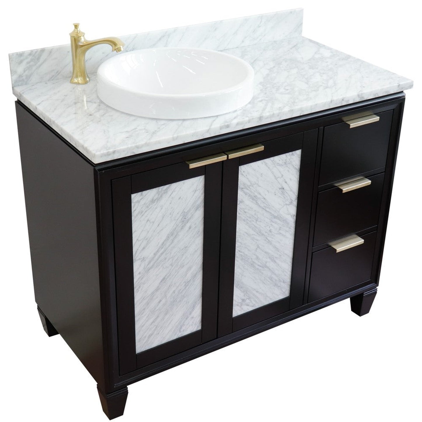 Bellaterra Home Trento 43" 2-Door 3-Drawer Black Freestanding Vanity Set With Ceramic Left Vessel Sink and White Carrara Marble Top, and Left Door Cabinet