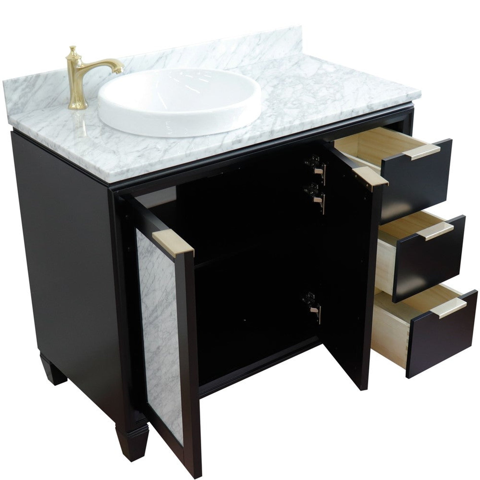 Bellaterra Home Trento 43" 2-Door 3-Drawer Black Freestanding Vanity Set With Ceramic Left Vessel Sink and White Carrara Marble Top, and Left Door Cabinet