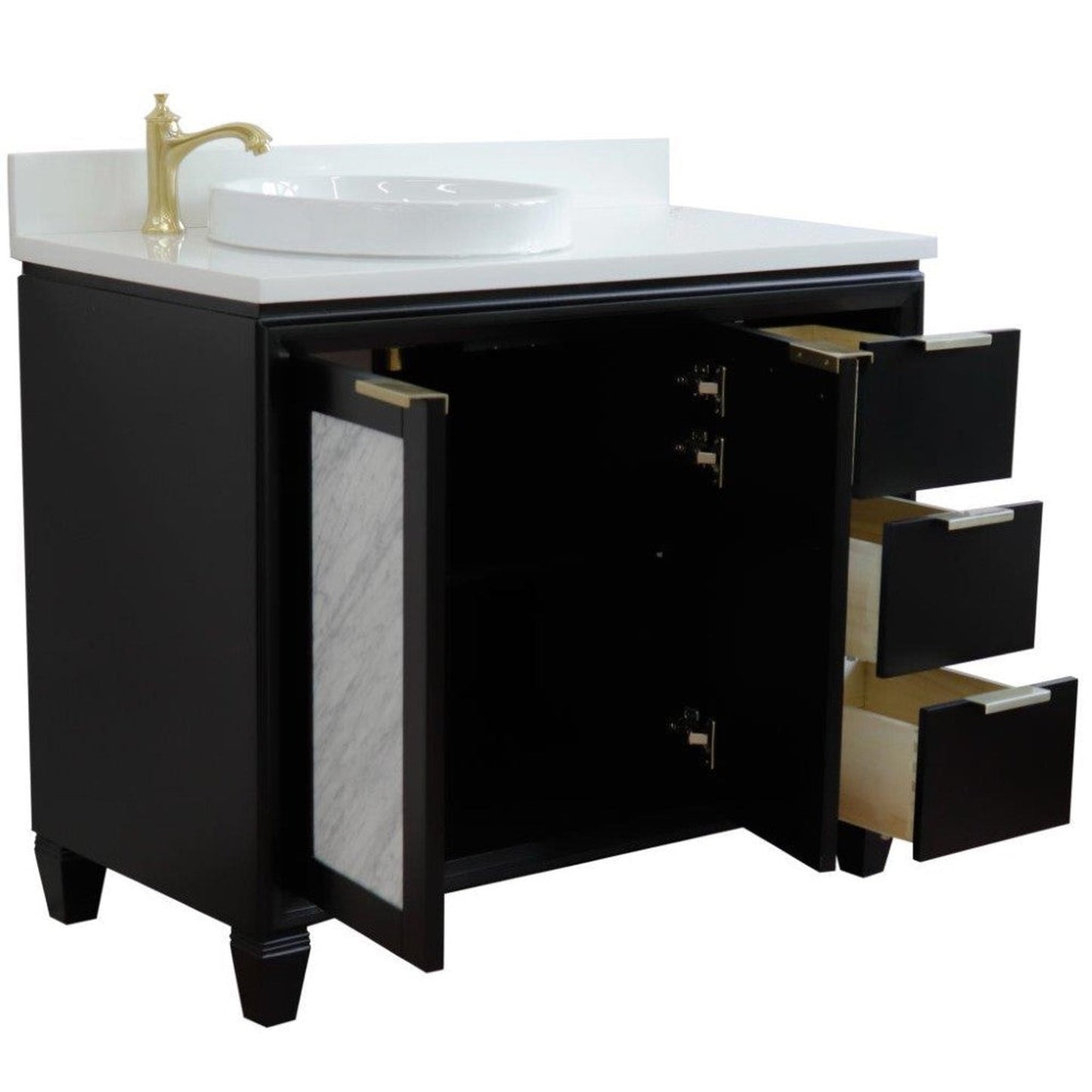Bellaterra Home Trento 43" 2-Door 3-Drawer Black Freestanding Vanity Set With Ceramic Left Vessel Sink and White Quartz Top, and Left Door Cabinet