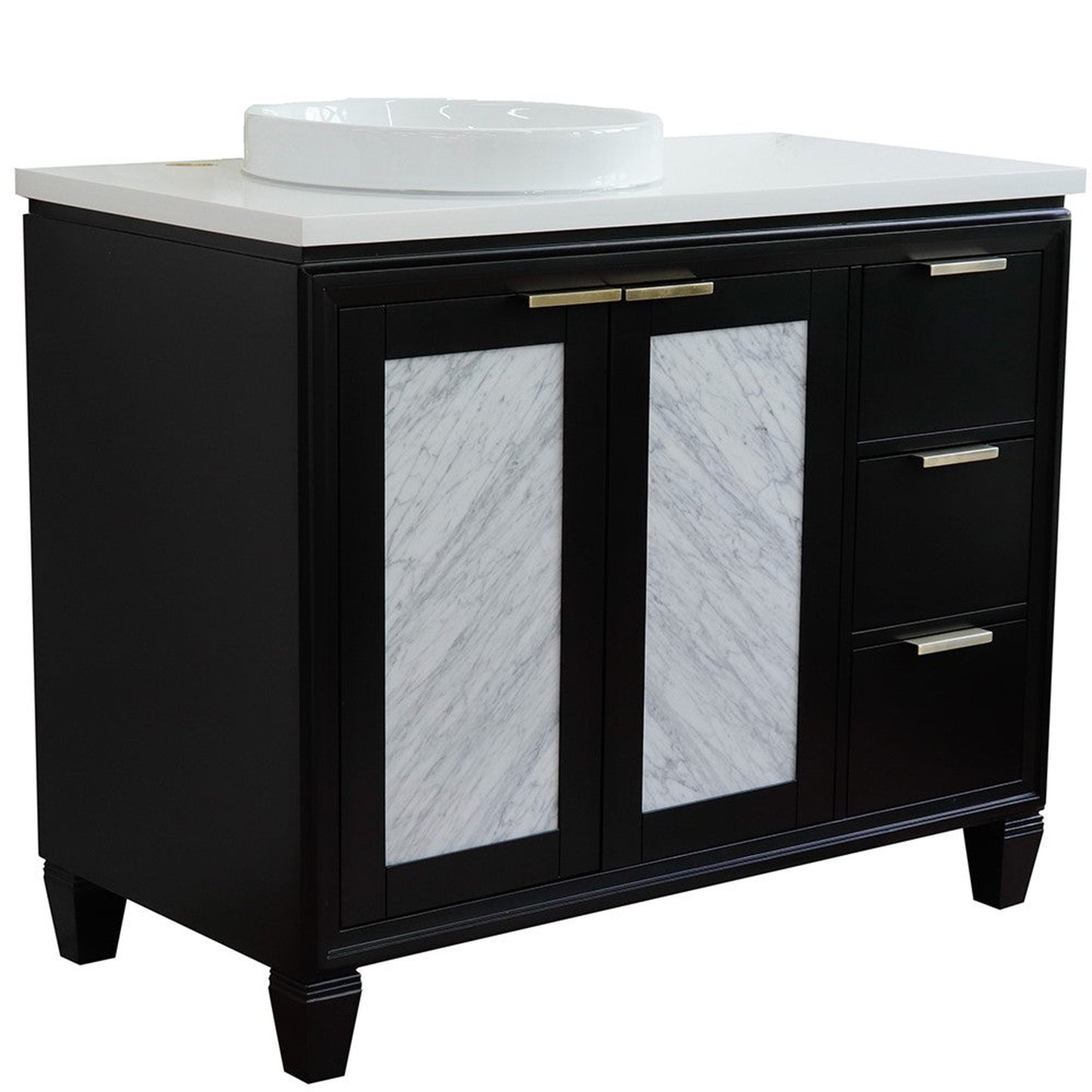 Bellaterra Home Trento 43" 2-Door 3-Drawer Black Freestanding Vanity Set With Ceramic Left Vessel Sink and White Quartz Top, and Left Door Cabinet