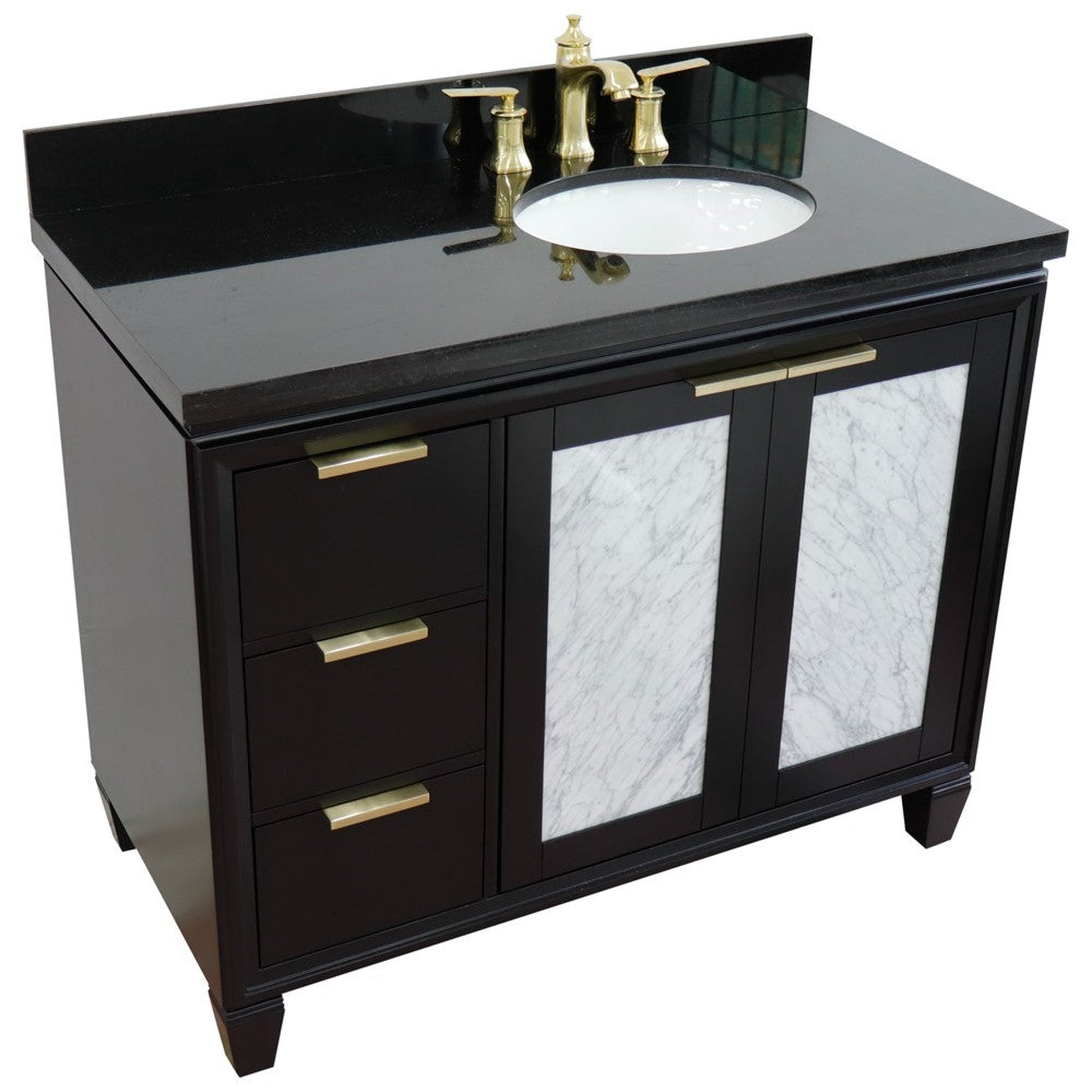 Bellaterra Home Trento 43" 2-Door 3-Drawer Black Freestanding Vanity Set With Ceramic Right Undermount Oval Sink and Black Galaxy Granite Top, and Right Door Cabinet