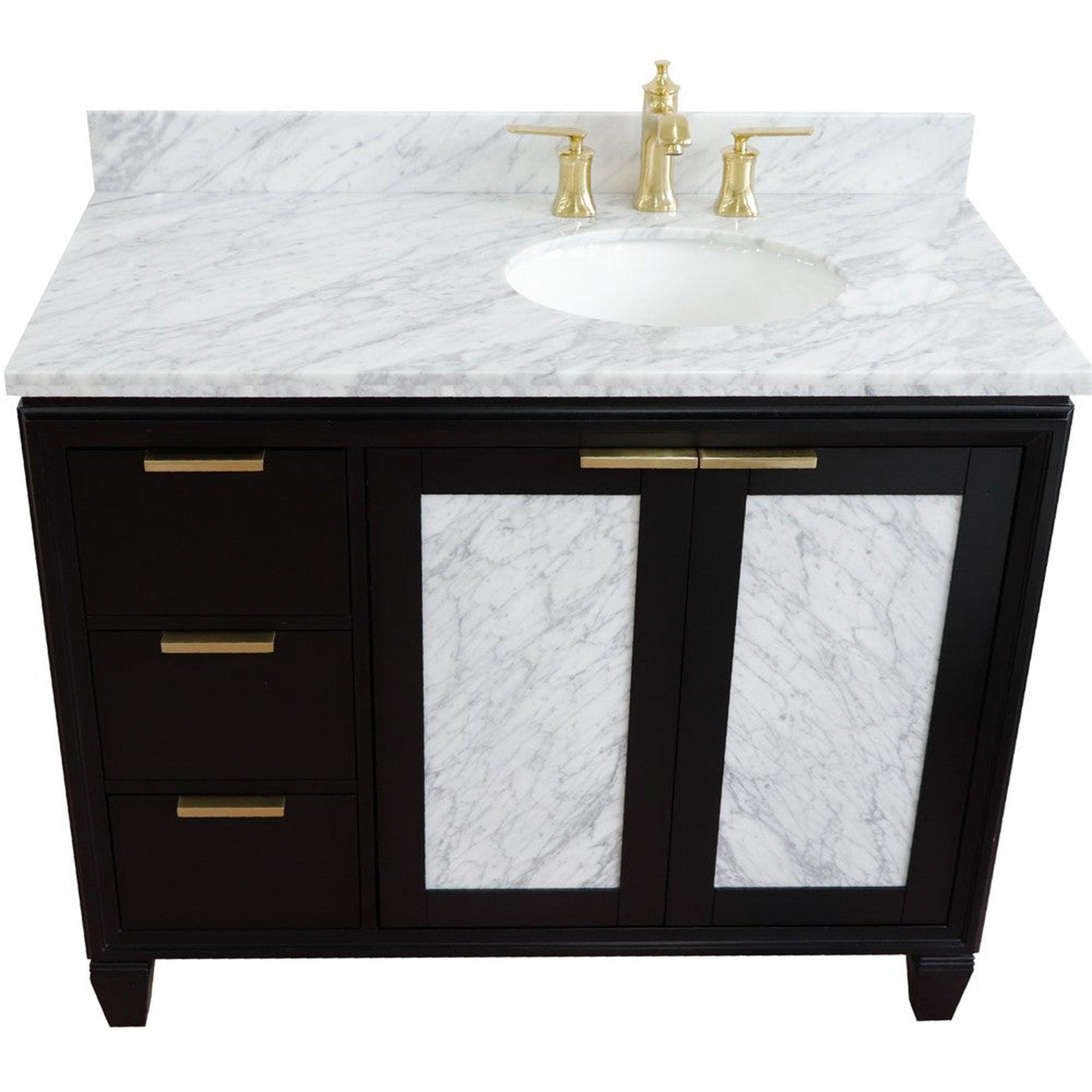 Bellaterra Home Trento 43" 2-Door 3-Drawer Black Freestanding Vanity Set With Ceramic Right Undermount Oval Sink and White Carrara Marble Top, and Right Door Cabinet