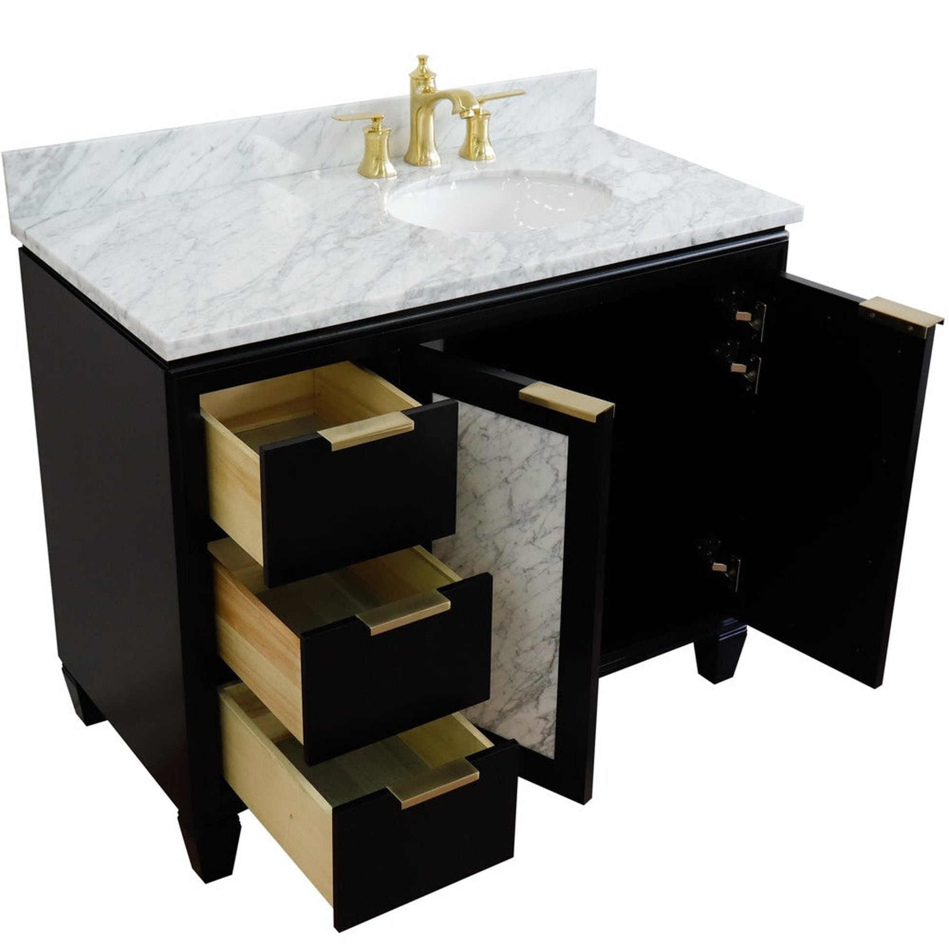 Bellaterra Home Trento 43" 2-Door 3-Drawer Black Freestanding Vanity Set With Ceramic Right Undermount Oval Sink and White Carrara Marble Top, and Right Door Cabinet