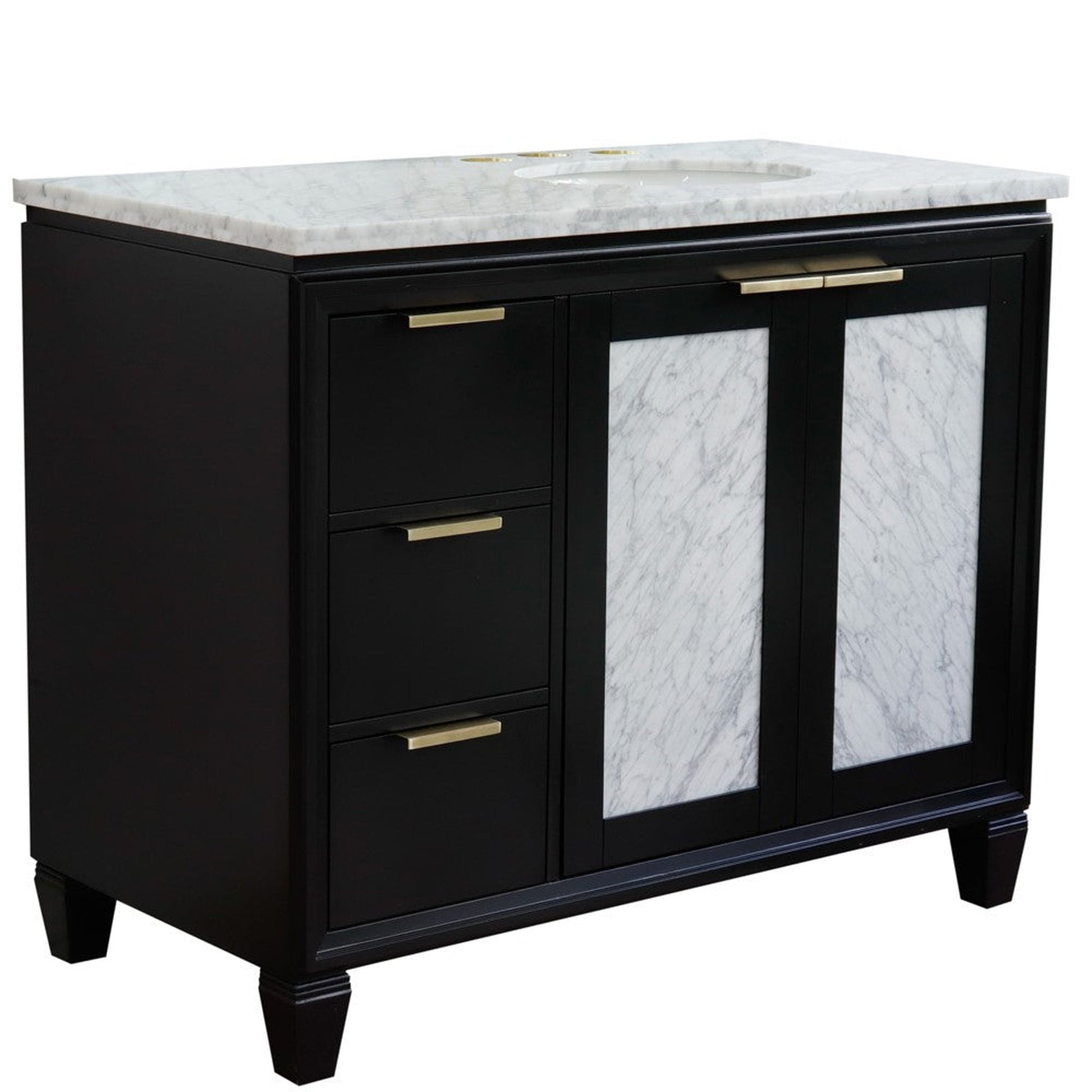 Bellaterra Home Trento 43" 2-Door 3-Drawer Black Freestanding Vanity Set With Ceramic Right Undermount Oval Sink and White Carrara Marble Top, and Right Door Cabinet