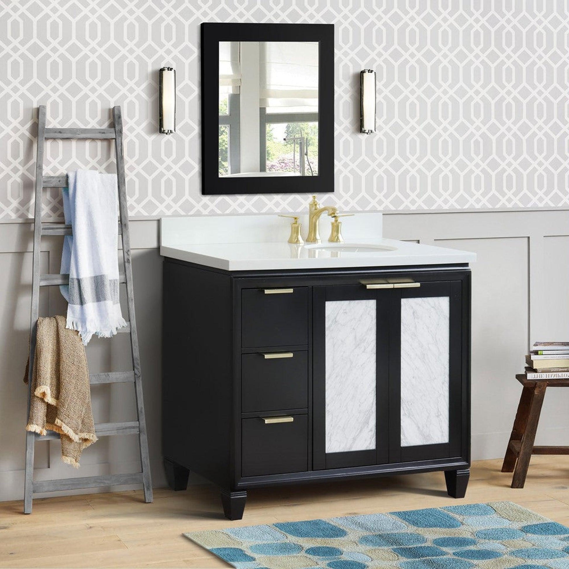 Bellaterra Home Trento 43" 2-Door 3-Drawer Black Freestanding Vanity Set With Ceramic Right Undermount Oval Sink and White Quartz Top, and Right Door Cabinet