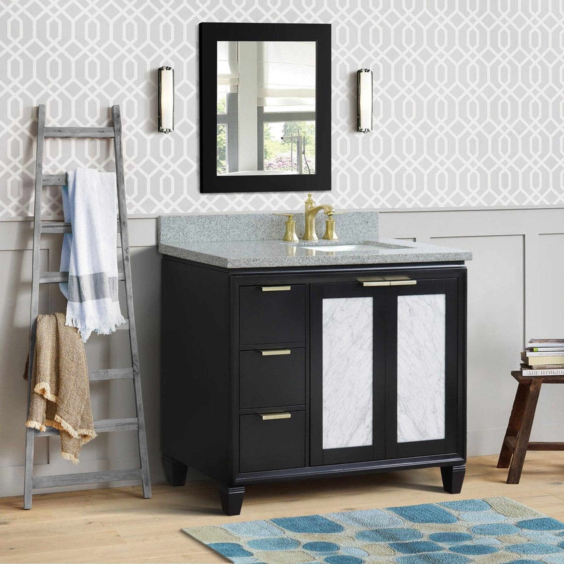 Bellaterra Home Trento 43" 2-Door 3-Drawer Black Freestanding Vanity Set With Ceramic Right Undermount Rectangular Sink and Gray Granite Top, and Right Door Cabinet