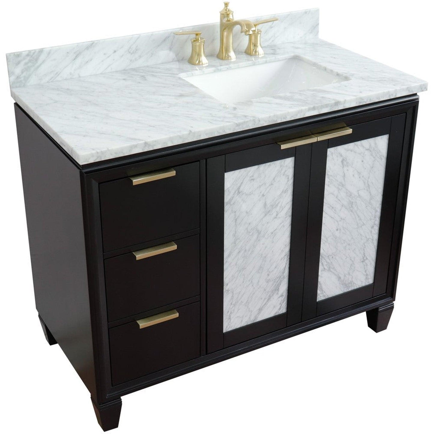 Bellaterra Home Trento 43" 2-Door 3-Drawer Black Freestanding Vanity Set With Ceramic Right Undermount Rectangular Sink and White Carrara Marble Top, and Right Door Cabinet