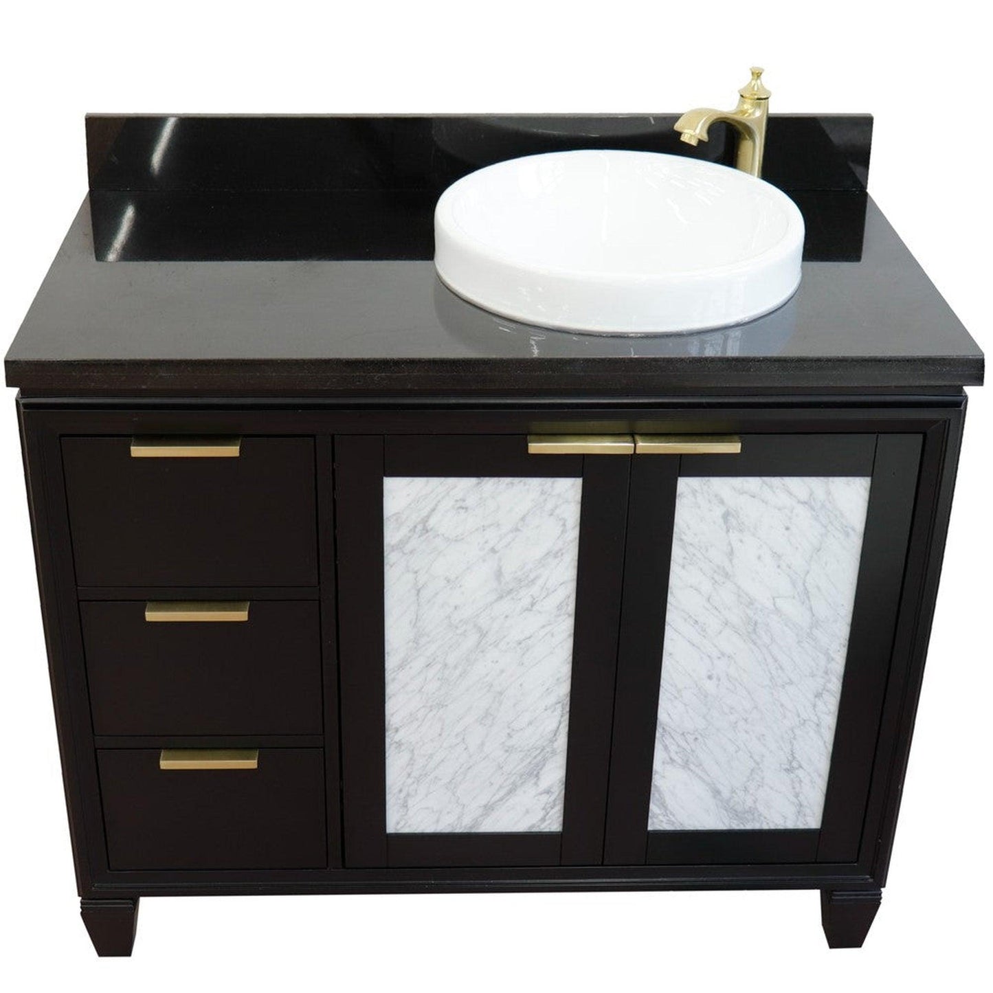 Bellaterra Home Trento 43" 2-Door 3-Drawer Black Freestanding Vanity Set With Ceramic Right Vessel Sink and Black Galaxy Granite Top, and Right Door Cabinet