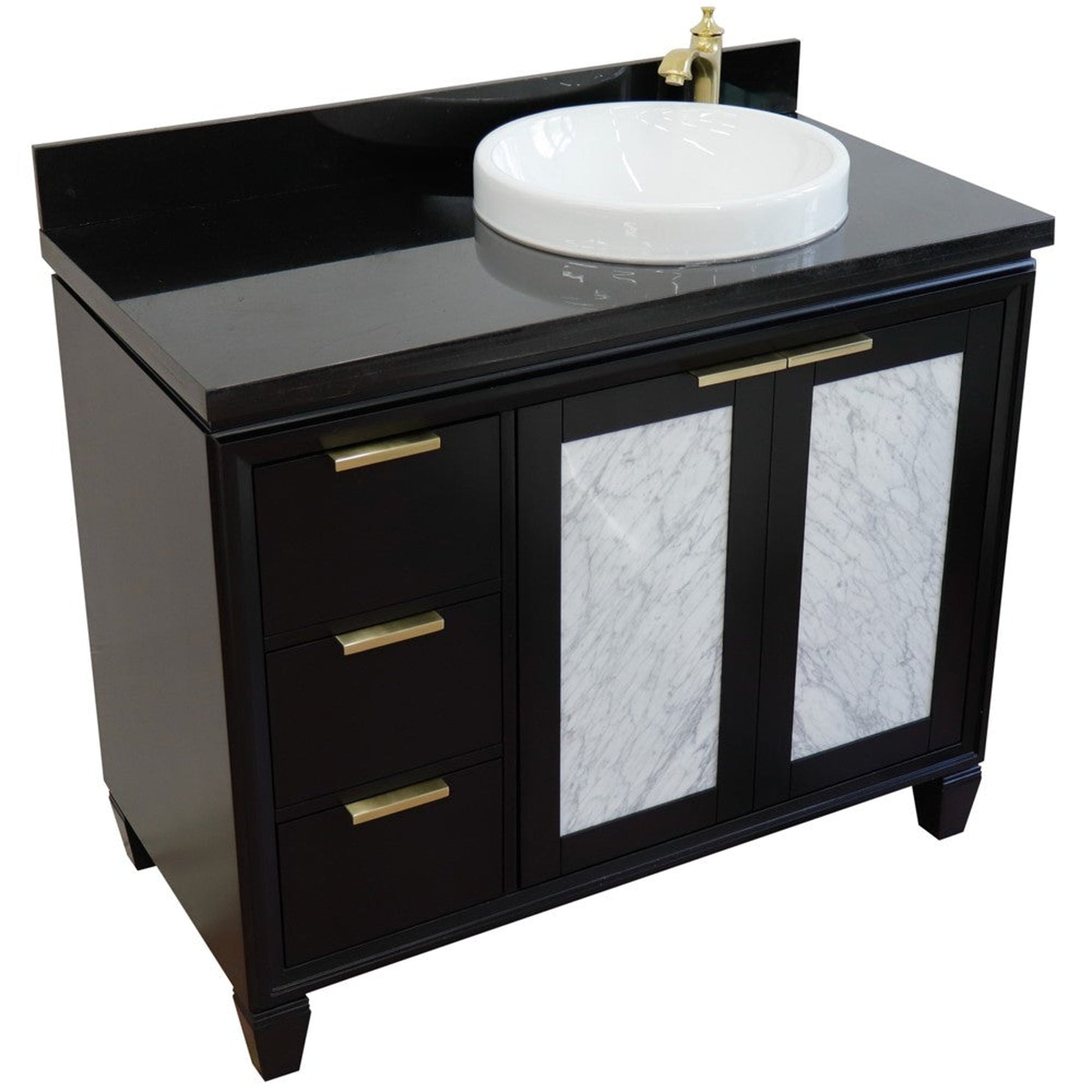 Bellaterra Home Trento 43" 2-Door 3-Drawer Black Freestanding Vanity Set With Ceramic Right Vessel Sink and Black Galaxy Granite Top, and Right Door Cabinet