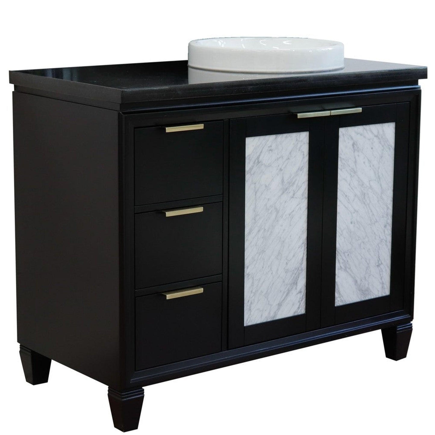 Bellaterra Home Trento 43" 2-Door 3-Drawer Black Freestanding Vanity Set With Ceramic Right Vessel Sink and Black Galaxy Granite Top, and Right Door Cabinet