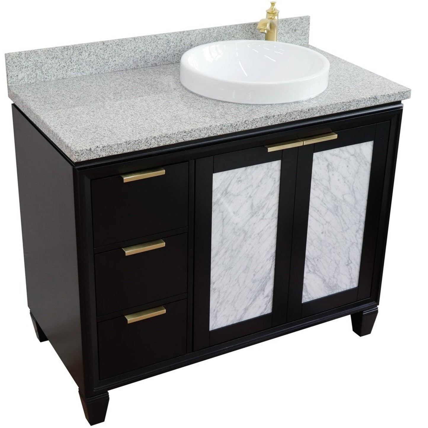 Bellaterra Home Trento 43" 2-Door 3-Drawer Black Freestanding Vanity Set With Ceramic Right Vessel Sink and Gray Granite Top, and Right Door Cabinet