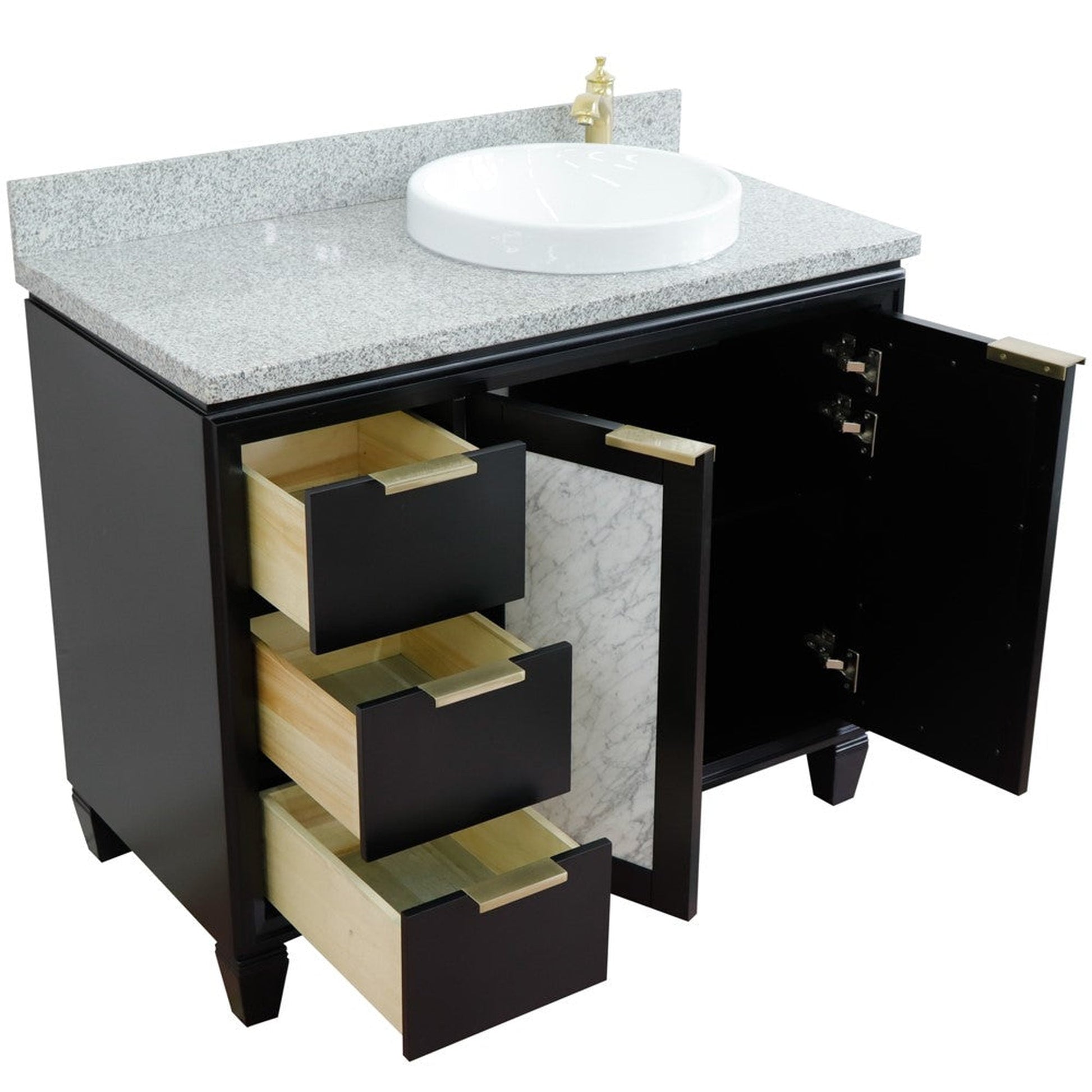 Bellaterra Home Trento 43" 2-Door 3-Drawer Black Freestanding Vanity Set With Ceramic Right Vessel Sink and Gray Granite Top, and Right Door Cabinet