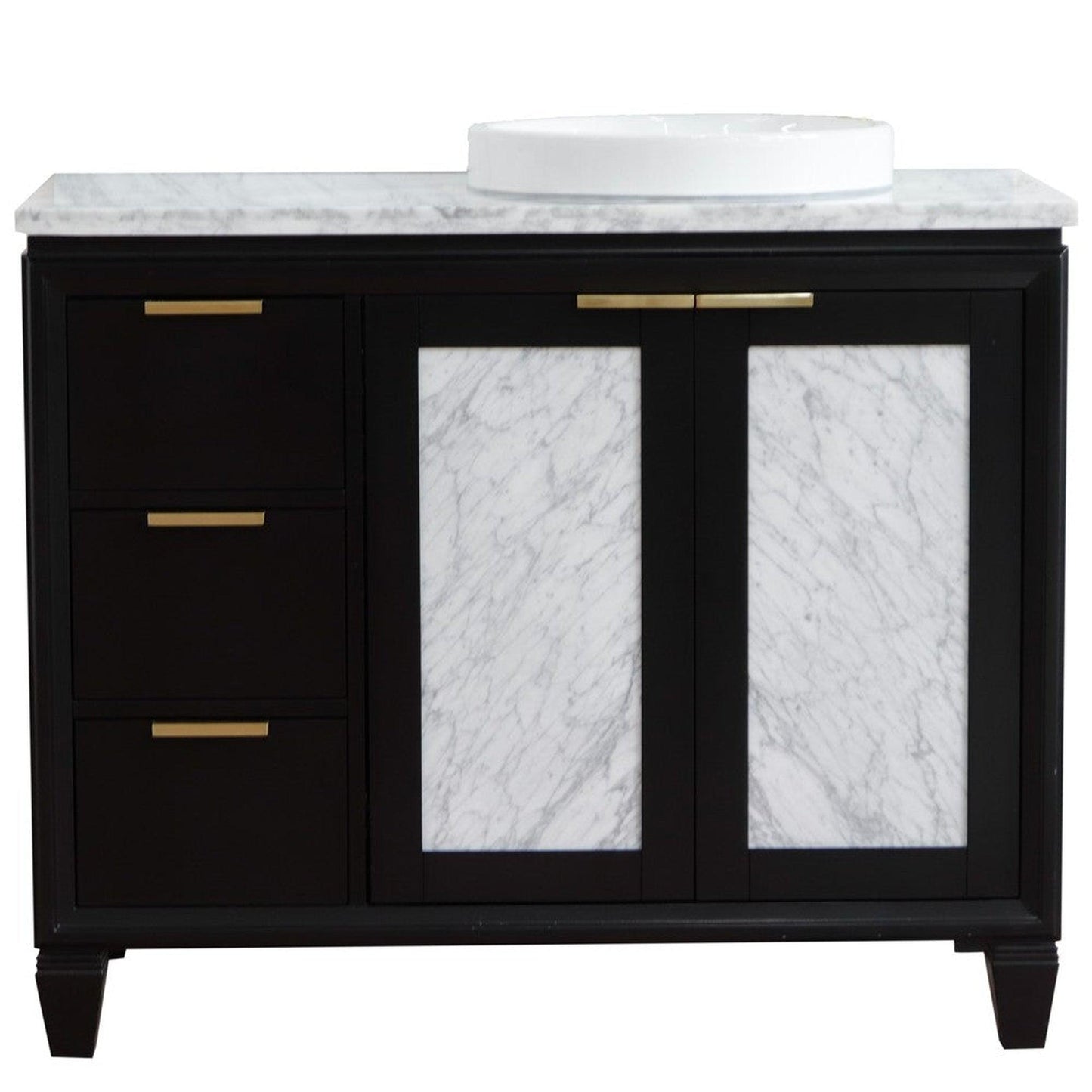 Bellaterra Home Trento 43" 2-Door 3-Drawer Black Freestanding Vanity Set With Ceramic Right Vessel Sink and White Carrara Marble Top, and Right Door Cabinet