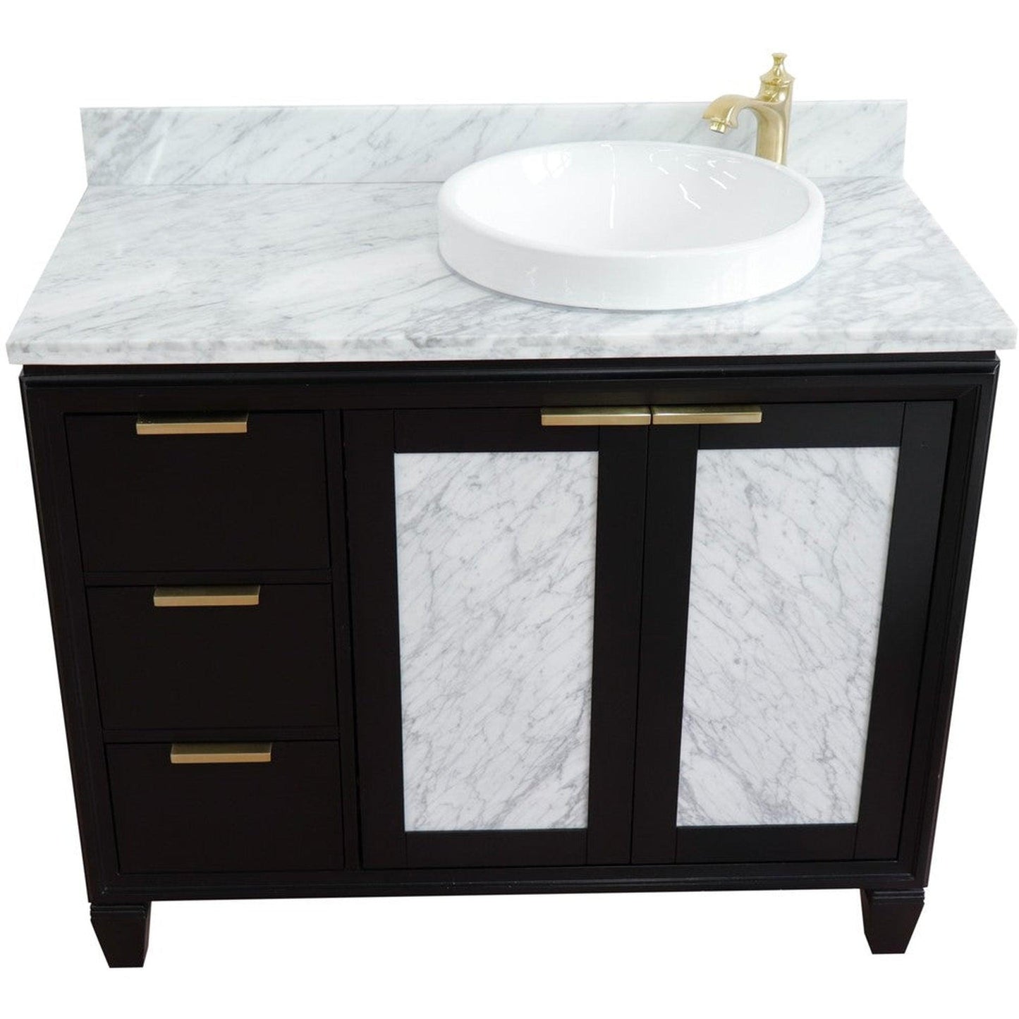 Bellaterra Home Trento 43" 2-Door 3-Drawer Black Freestanding Vanity Set With Ceramic Right Vessel Sink and White Carrara Marble Top, and Right Door Cabinet