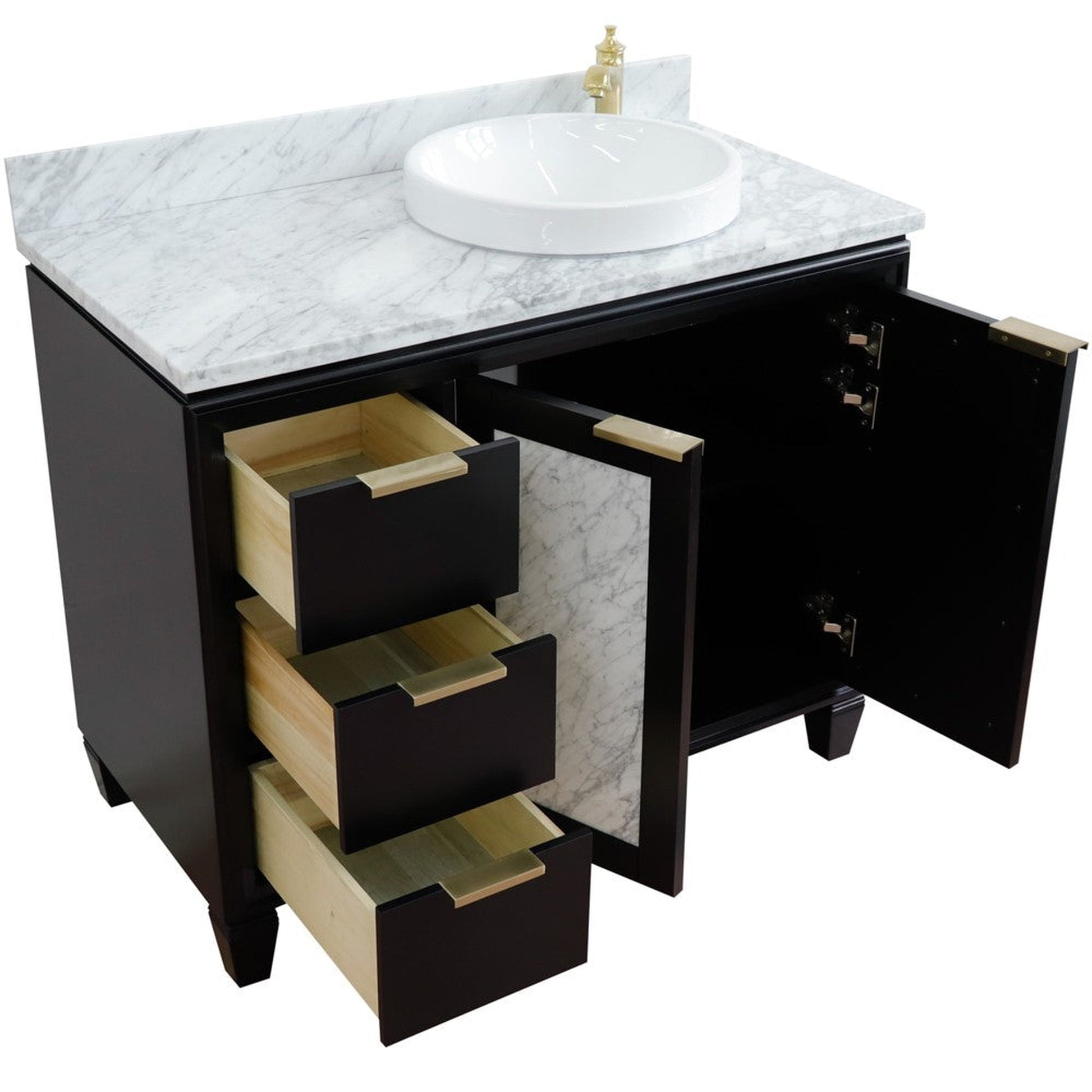 Bellaterra Home Trento 43" 2-Door 3-Drawer Black Freestanding Vanity Set With Ceramic Right Vessel Sink and White Carrara Marble Top, and Right Door Cabinet