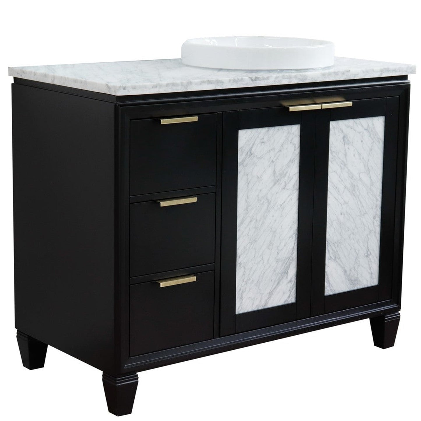 Bellaterra Home Trento 43" 2-Door 3-Drawer Black Freestanding Vanity Set With Ceramic Right Vessel Sink and White Carrara Marble Top, and Right Door Cabinet