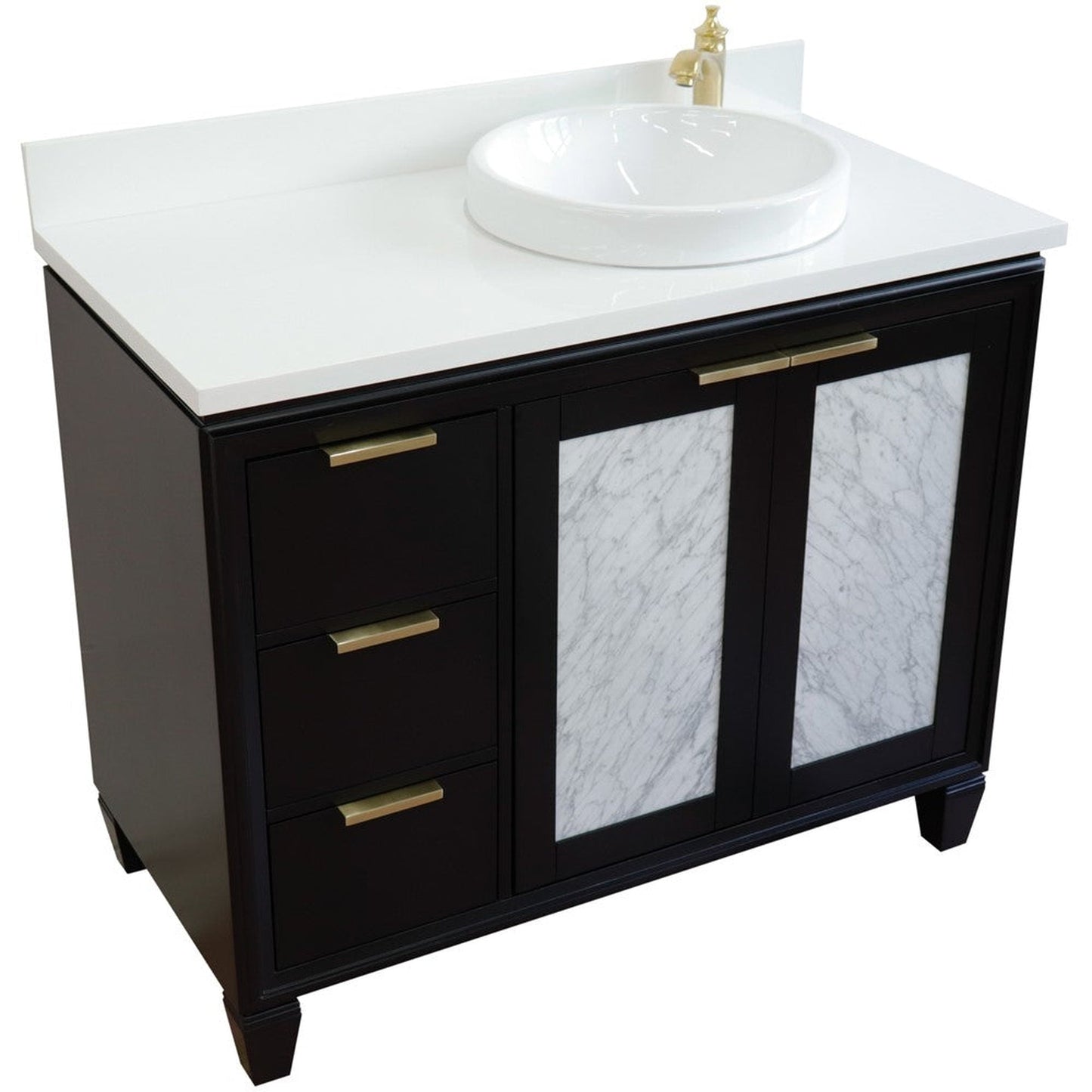 Bellaterra Home Trento 43" 2-Door 3-Drawer Black Freestanding Vanity Set With Ceramic Right Vessel Sink and White Quartz Top, and Right Door Cabinet