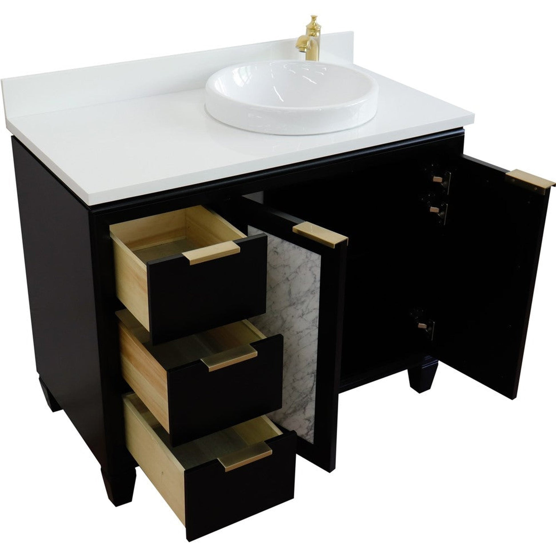 Bellaterra Home Trento 43" 2-Door 3-Drawer Black Freestanding Vanity Set With Ceramic Right Vessel Sink and White Quartz Top, and Right Door Cabinet