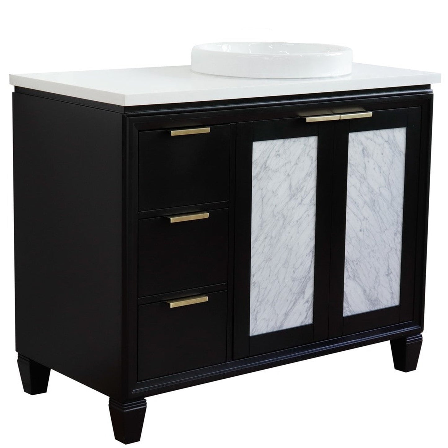 Bellaterra Home Trento 43" 2-Door 3-Drawer Black Freestanding Vanity Set With Ceramic Right Vessel Sink and White Quartz Top, and Right Door Cabinet