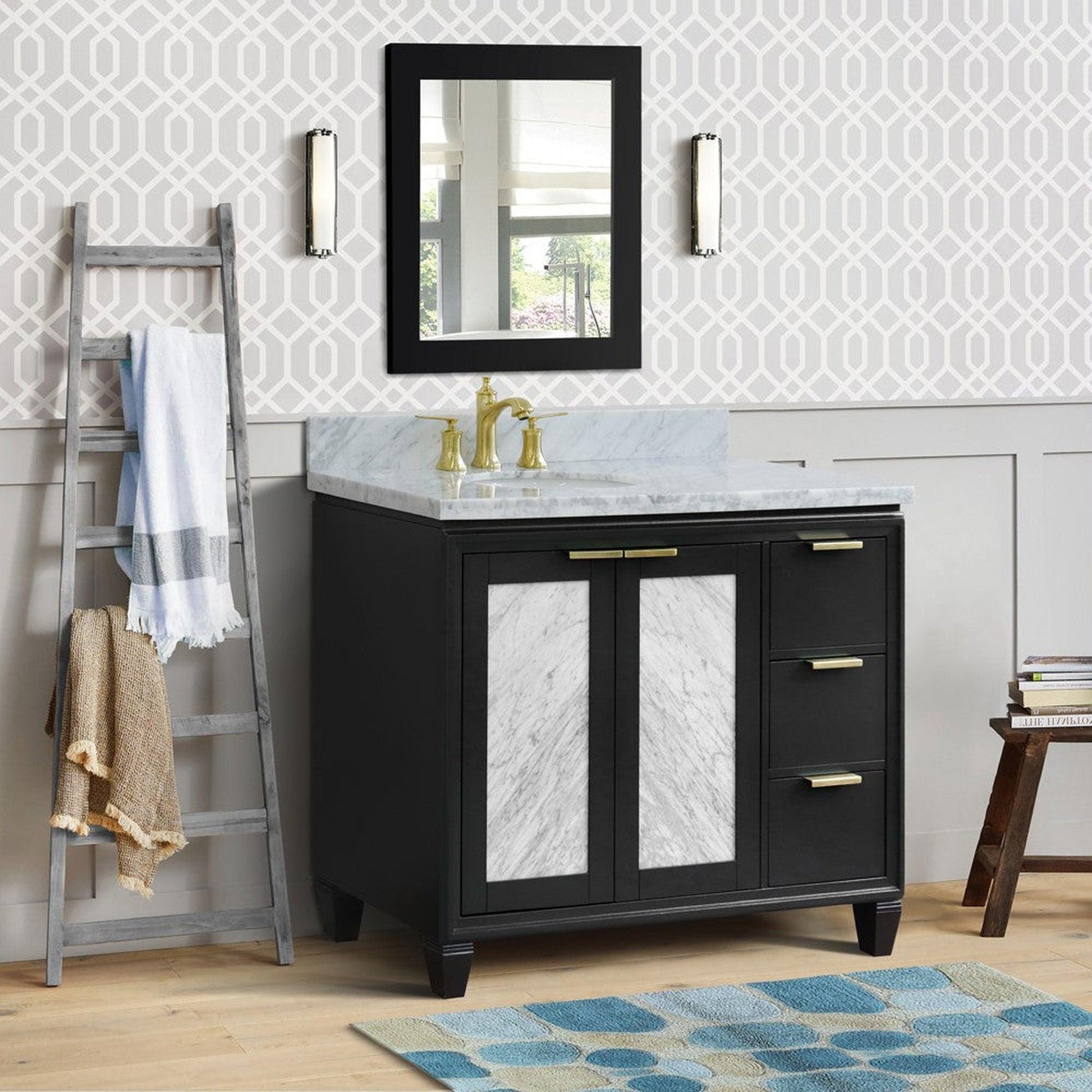 Bellaterra Home Trento 43" 2-Door 3-Drawer Dark Gray Freestanding Vanity Set With Ceramic Left Undermount Oval Sink and White Carrara Marble Top, and Left Door Cabinet