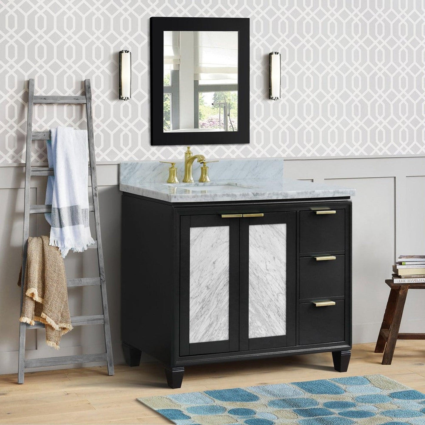 Bellaterra Home Trento 43" 2-Door 3-Drawer Dark Gray Freestanding Vanity Set With Ceramic Left Undermount Rectangular Sink and White Carrara Marble Top, and Left Door Cabinet