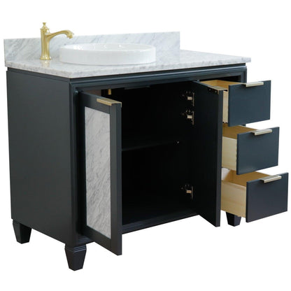 Bellaterra Home Trento 43" 2-Door 3-Drawer Dark Gray Freestanding Vanity Set With Ceramic Left Vessel Sink and White Carrara Marble Top, and Left Door Cabinet