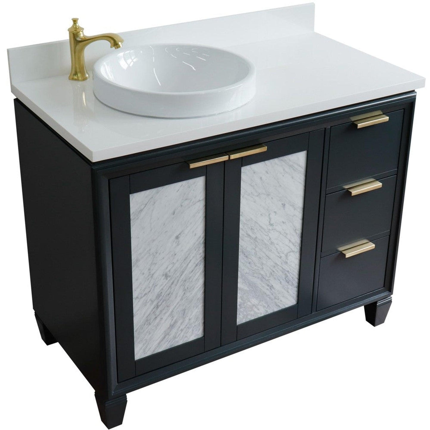 Bellaterra Home Trento 43" 2-Door 3-Drawer Dark Gray Freestanding Vanity Set With Ceramic Left Vessel Sink and White Quartz Top, and Left Door Cabinet