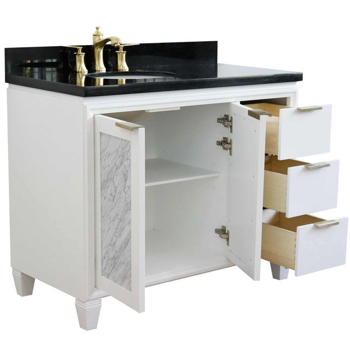 Bellaterra Home Trento 43" 2-Door 3-Drawer White Freestanding Vanity Set With Ceramic Left Undermount Oval Sink and Black Galaxy Granite Top, and Left Door Cabinet