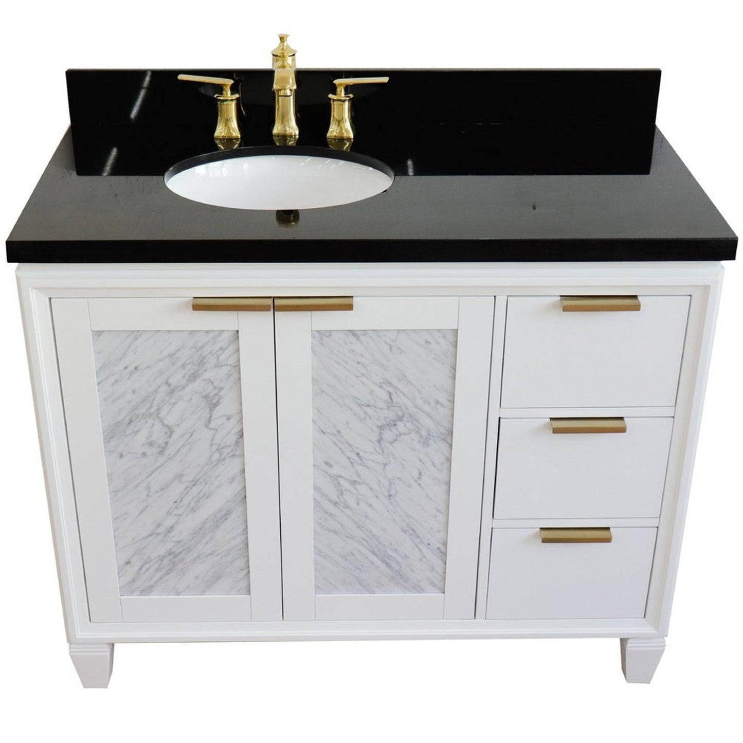 Bellaterra Home Trento 43" 2-Door 3-Drawer White Freestanding Vanity Set With Ceramic Left Undermount Oval Sink and Black Galaxy Granite Top, and Left Door Cabinet