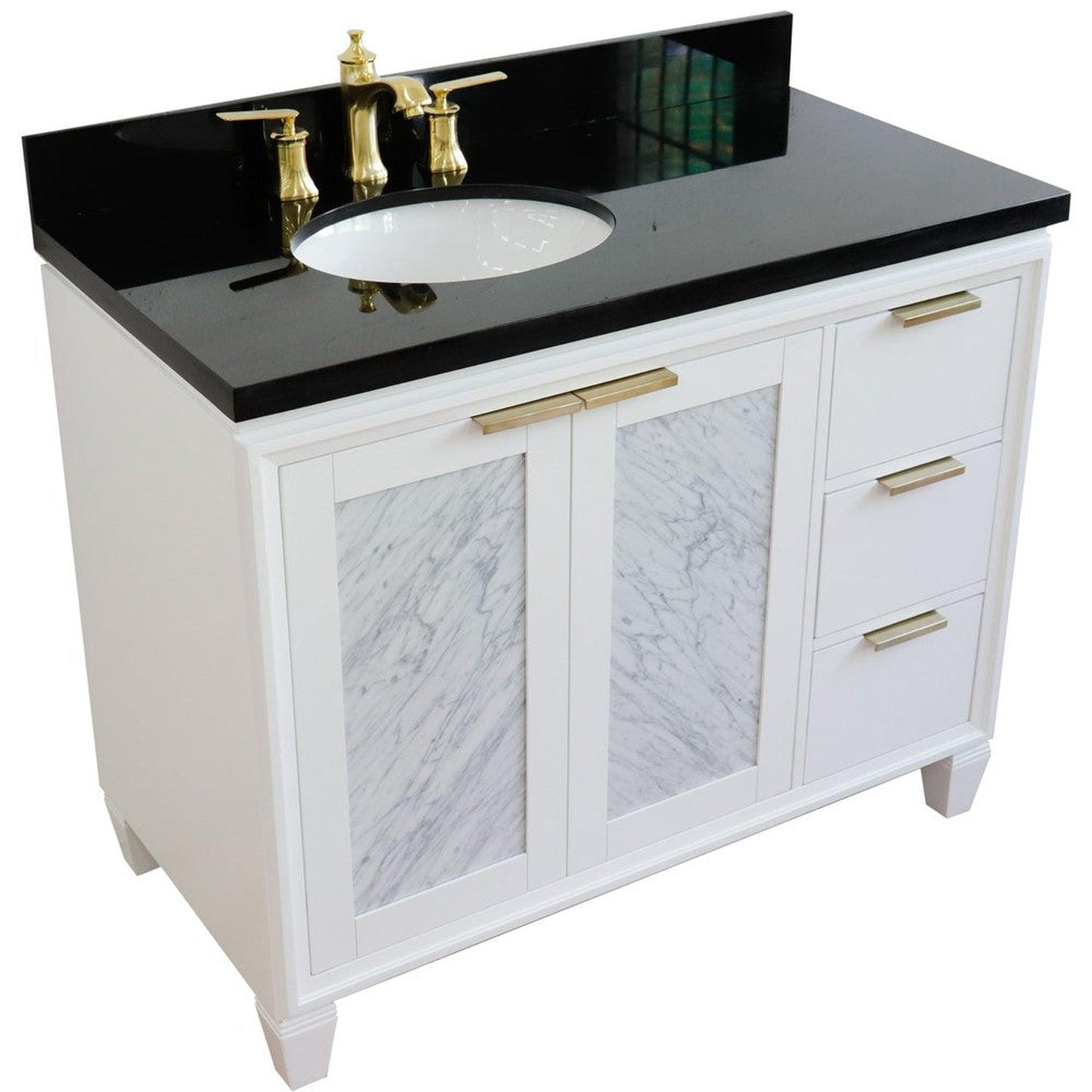 Bellaterra Home Trento 43" 2-Door 3-Drawer White Freestanding Vanity Set With Ceramic Left Undermount Oval Sink and Black Galaxy Granite Top, and Left Door Cabinet