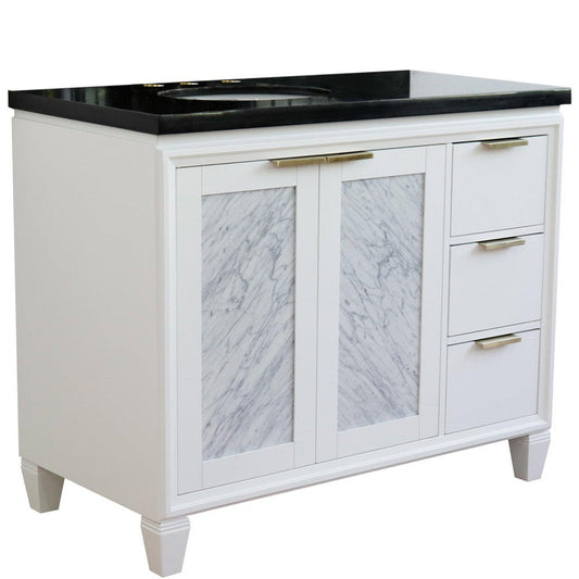 Bellaterra Home Trento 43" 2-Door 3-Drawer White Freestanding Vanity Set With Ceramic Left Undermount Oval Sink and Black Galaxy Granite Top, and Left Door Cabinet