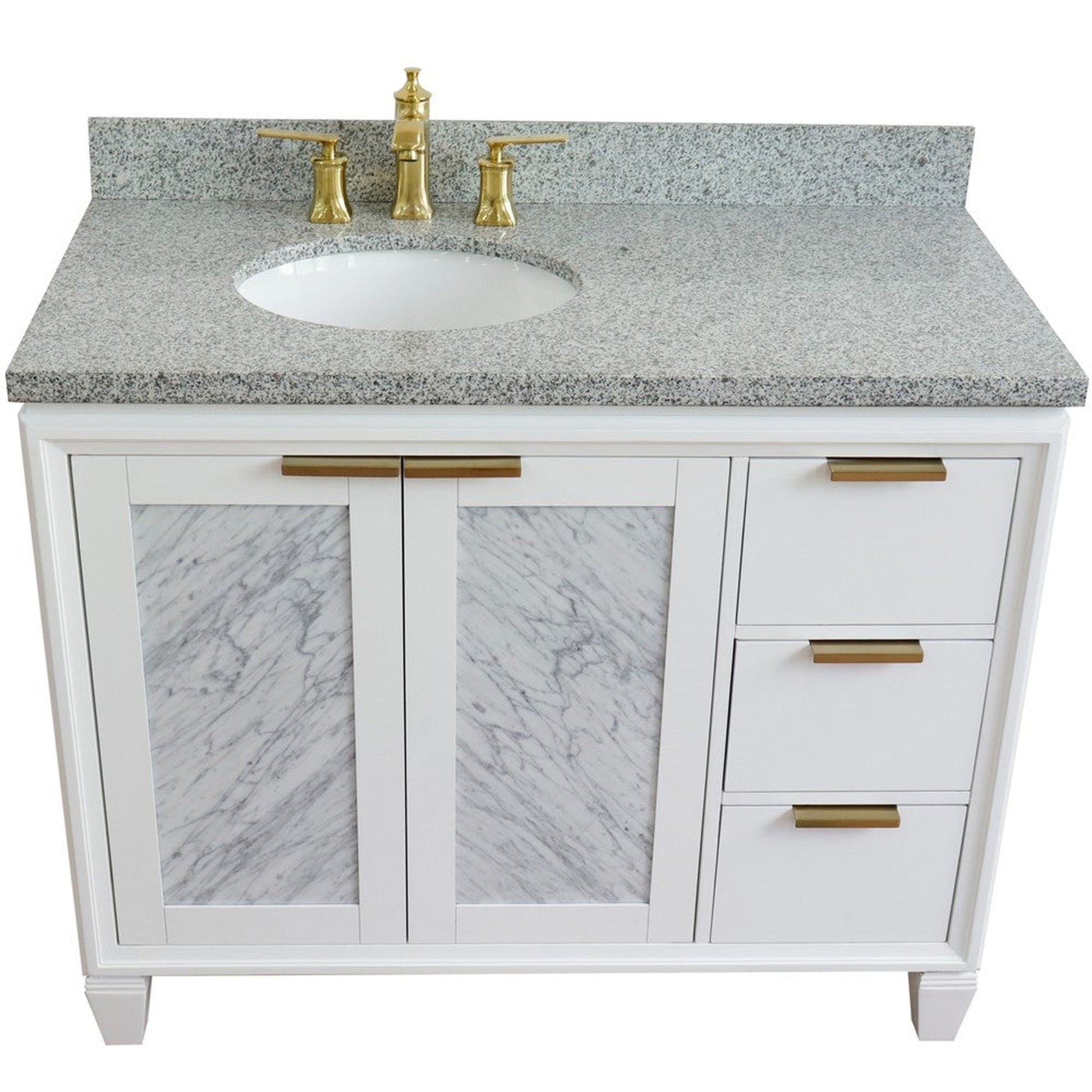 Bellaterra Home Trento 43" 2-Door 3-Drawer White Freestanding Vanity Set With Ceramic Left Undermount Oval Sink and Gray Granite Top, and Left Door Cabinet