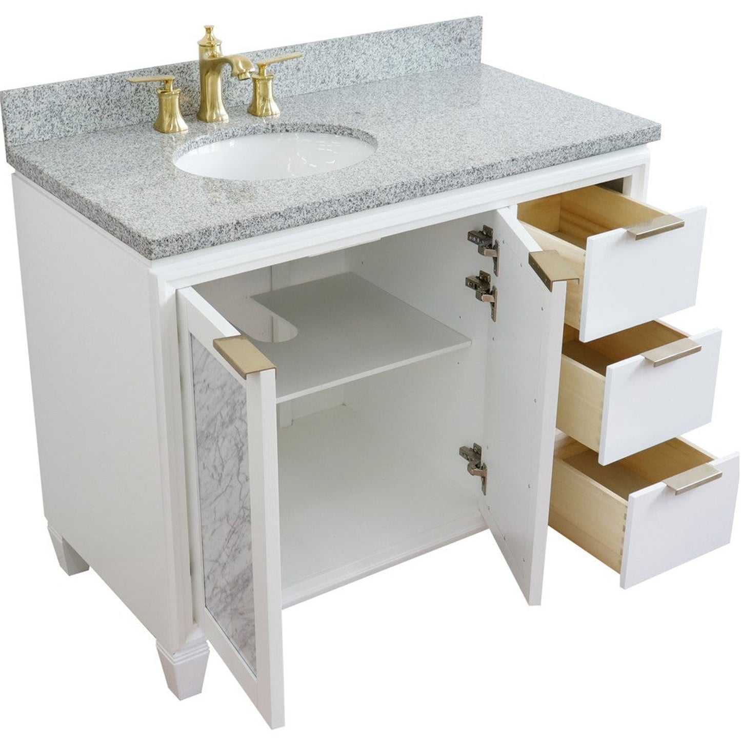 Bellaterra Home Trento 43" 2-Door 3-Drawer White Freestanding Vanity Set With Ceramic Left Undermount Oval Sink and Gray Granite Top, and Left Door Cabinet