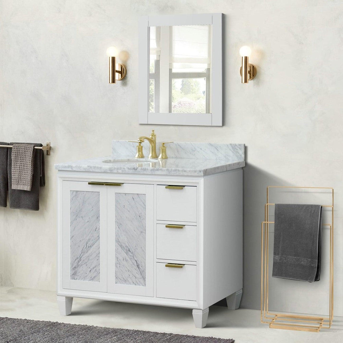 Bellaterra Home Trento 43" 2-Door 3-Drawer White Freestanding Vanity Set With Ceramic Left Undermount Oval Sink and White Carrara Marble Top, and Left Door Cabinet