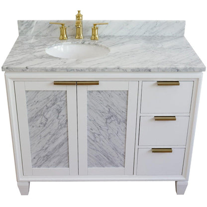 Bellaterra Home Trento 43" 2-Door 3-Drawer White Freestanding Vanity Set With Ceramic Left Undermount Oval Sink and White Carrara Marble Top, and Left Door Cabinet